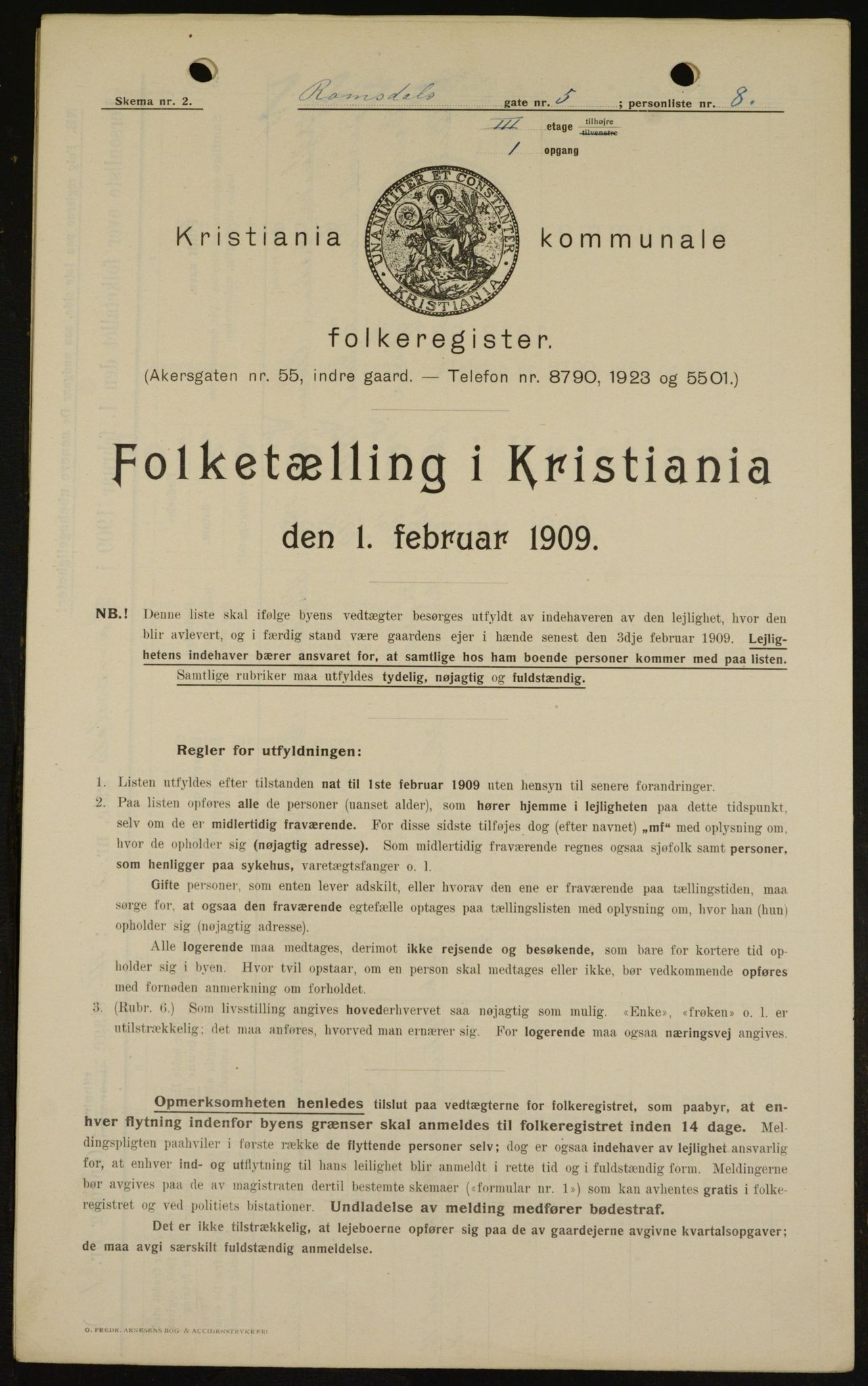 OBA, Municipal Census 1909 for Kristiania, 1909, p. 75457