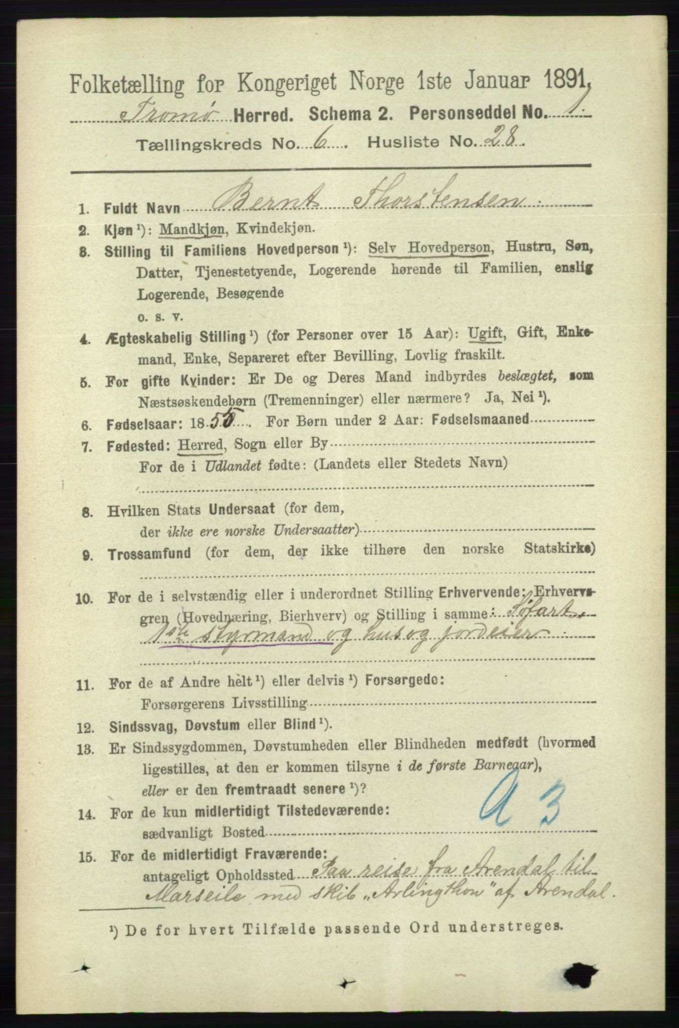 RA, 1891 census for 0921 Tromøy, 1891, p. 3028