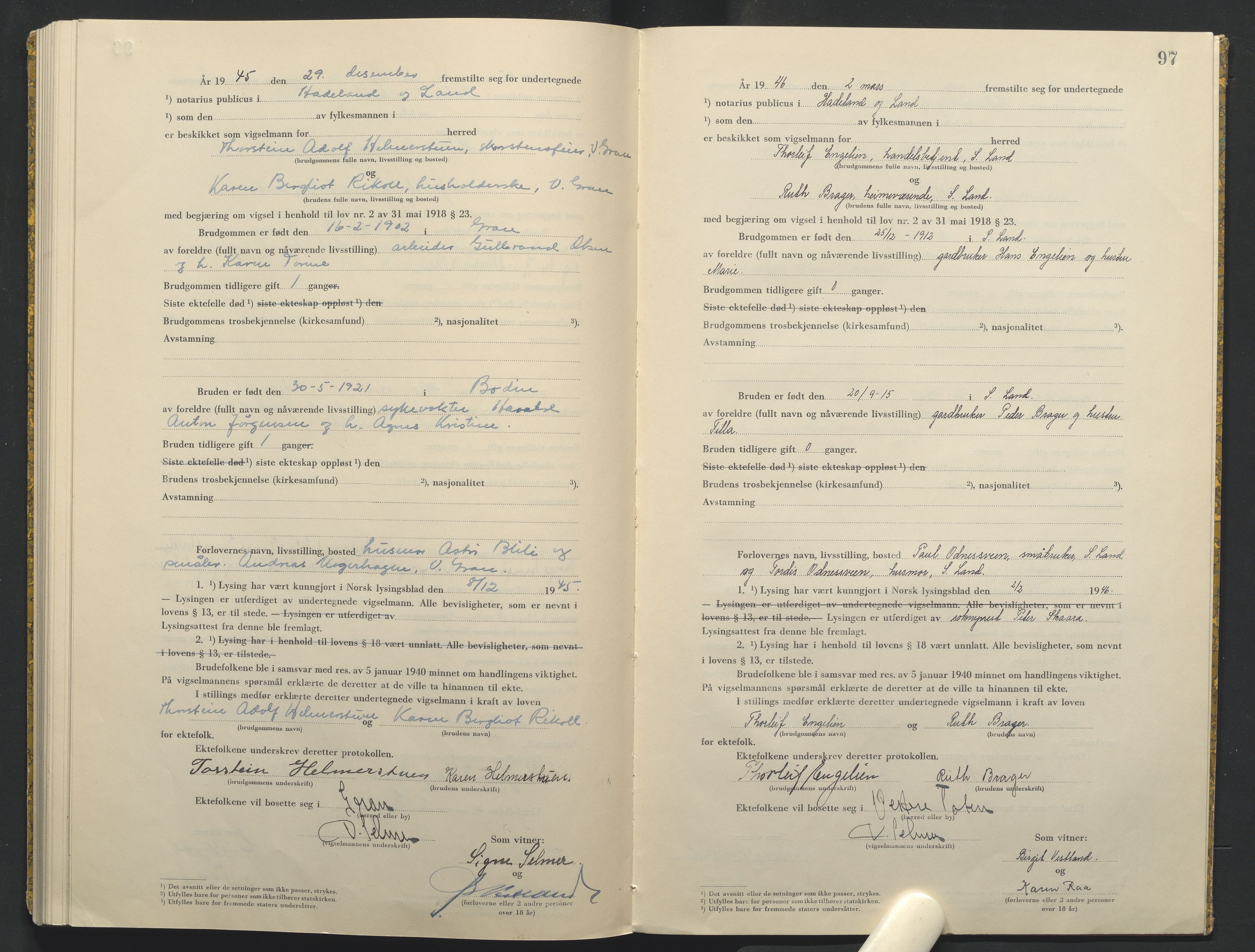 Hadeland og Land tingrett, AV/SAH-TING-010/L/Lb/L0003: Vigselbok, 1944-1946, p. 97