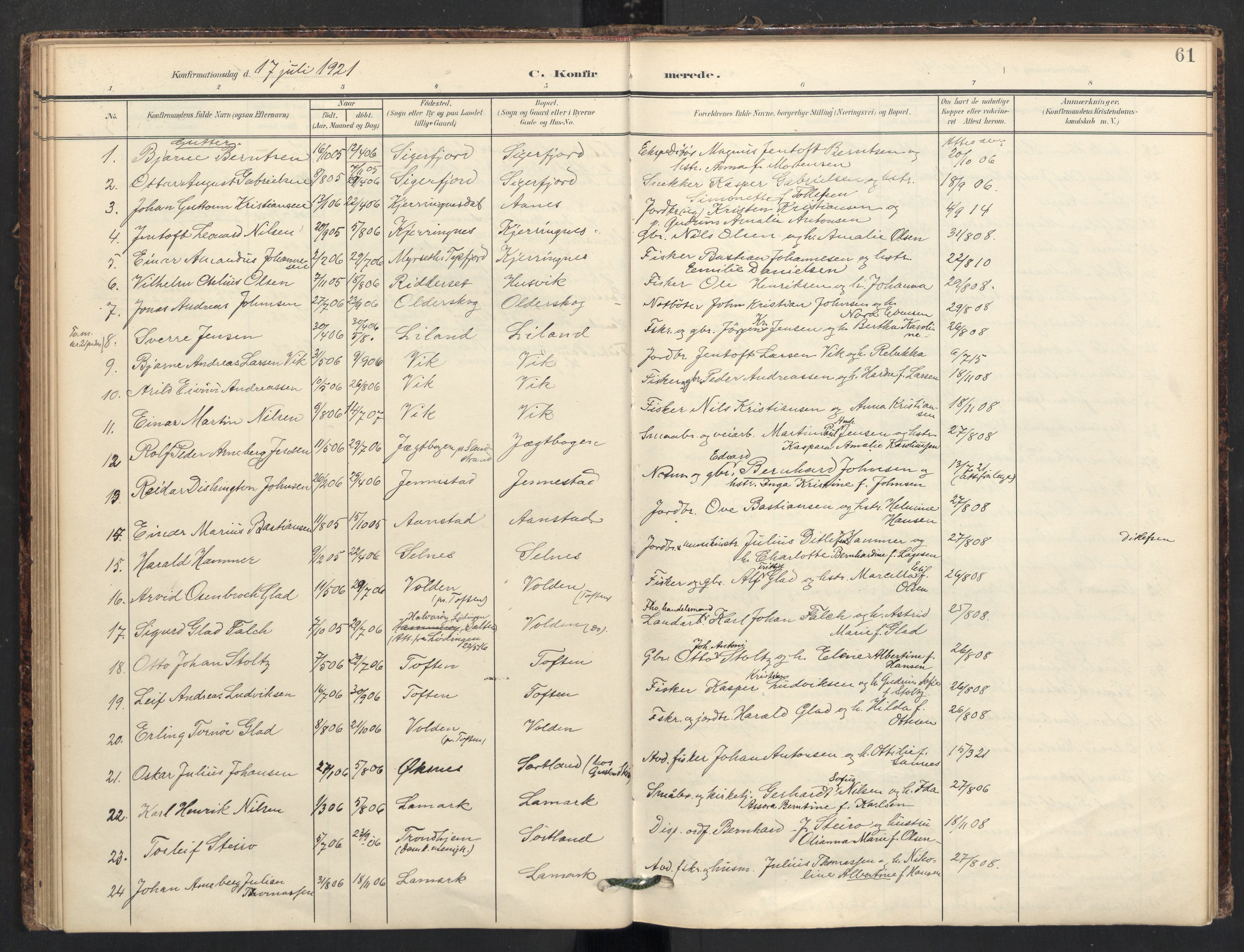 Ministerialprotokoller, klokkerbøker og fødselsregistre - Nordland, AV/SAT-A-1459/895/L1375: Parish register (official) no. 895A10, 1907-1938, p. 61