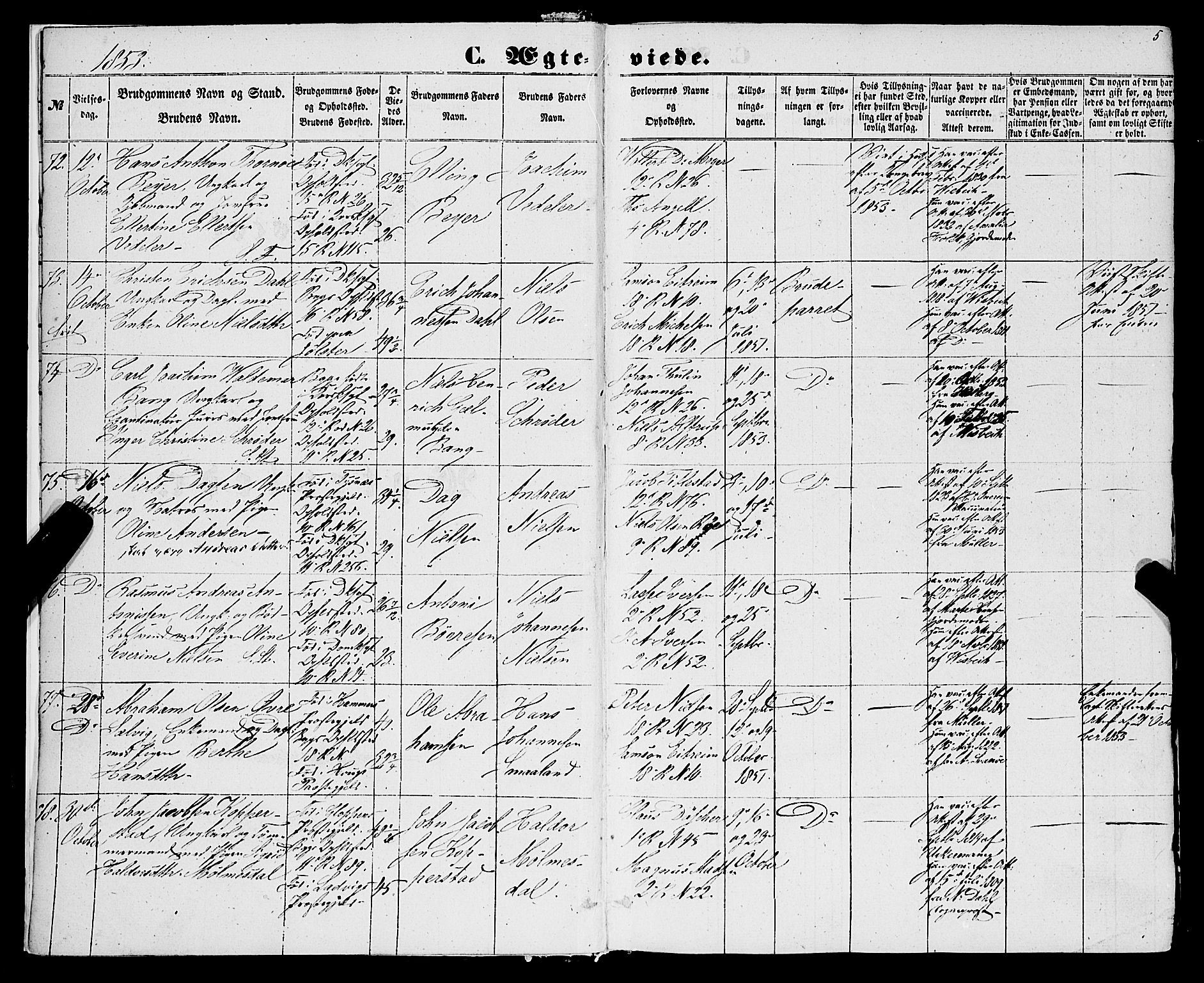Domkirken sokneprestembete, SAB/A-74801/H/Haa/L0034: Parish register (official) no. D 2, 1853-1874, p. 5