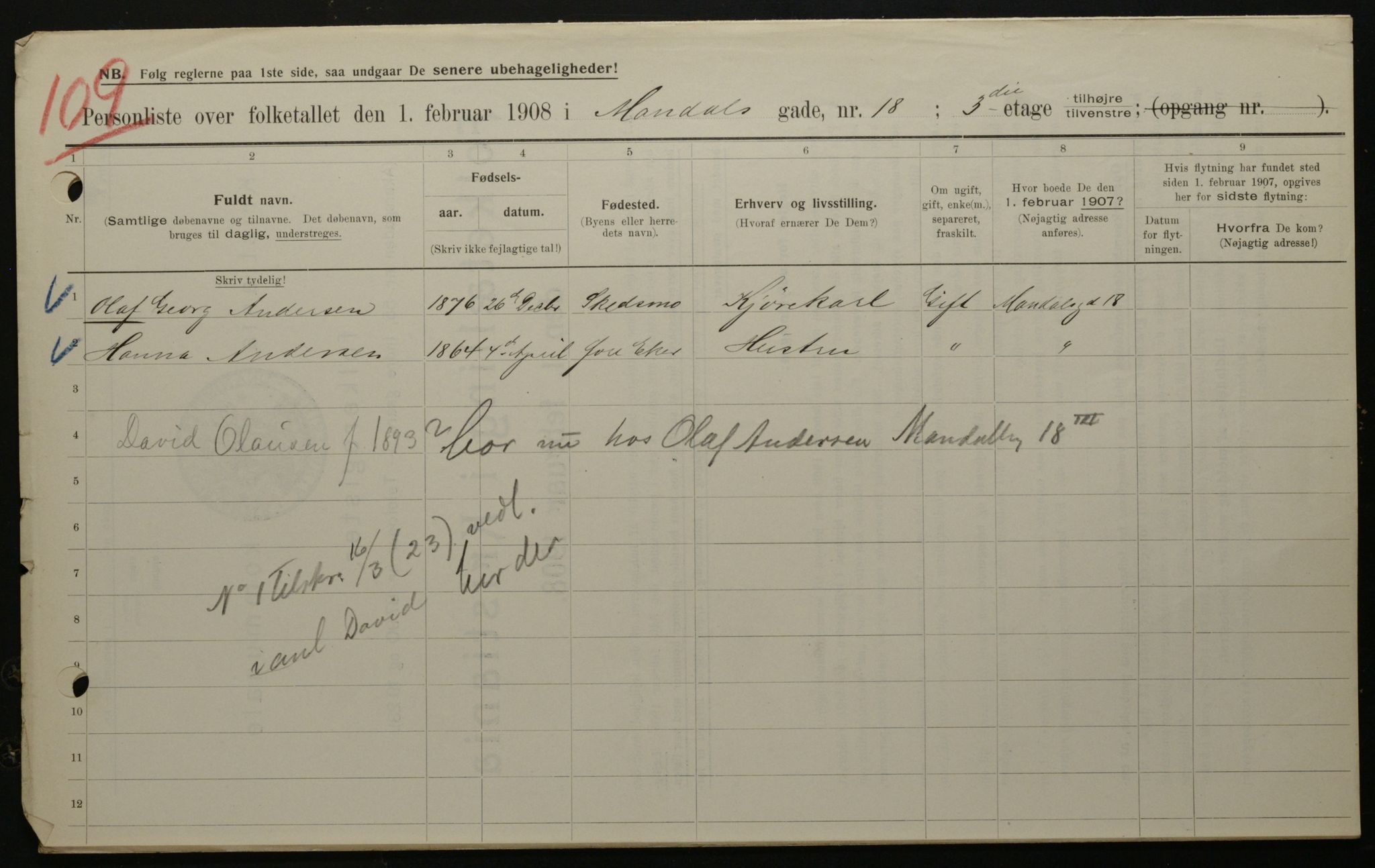 OBA, Municipal Census 1908 for Kristiania, 1908, p. 54081