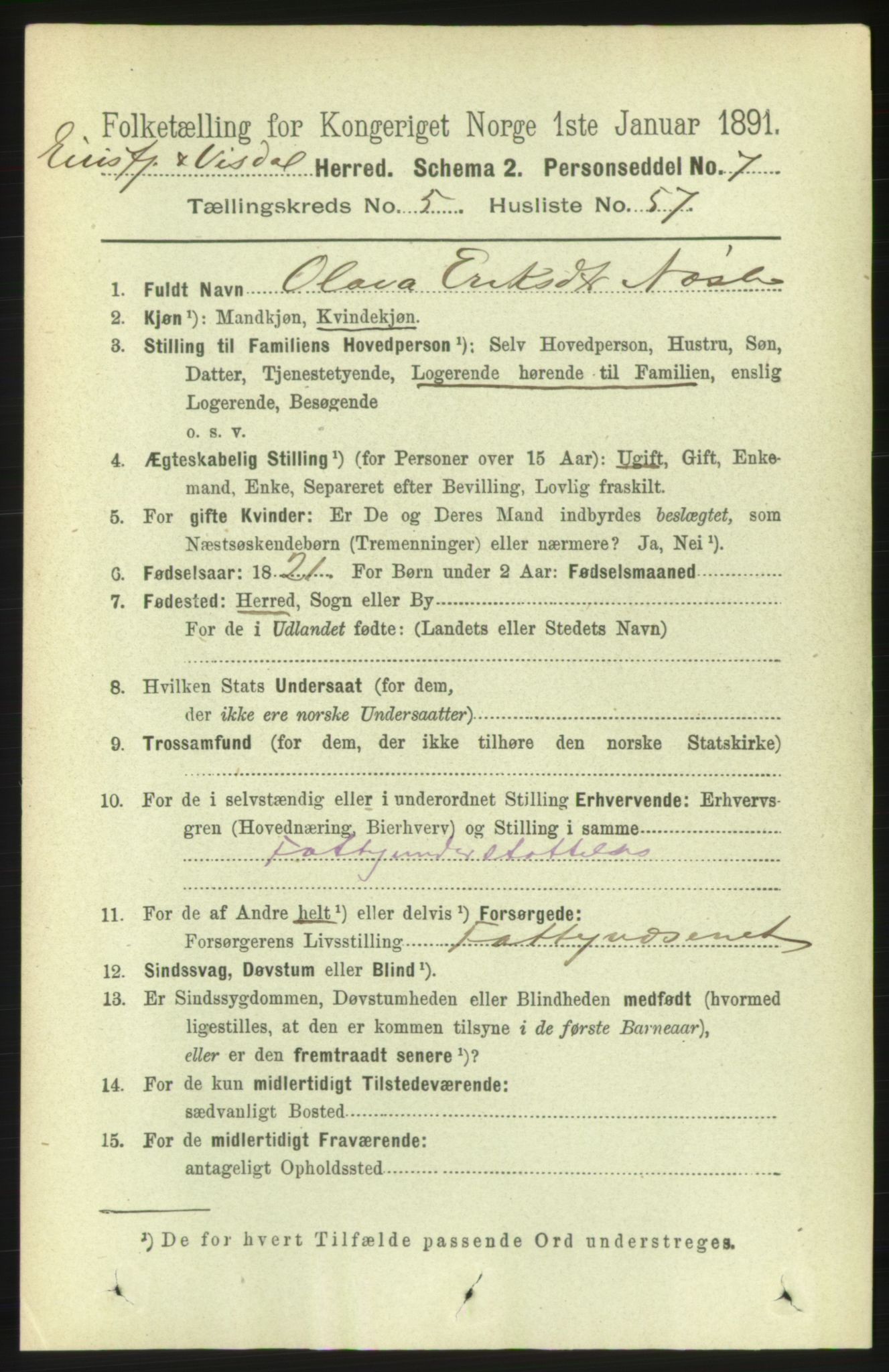 RA, 1891 census for 1542 Eresfjord og Vistdal, 1891, p. 1409