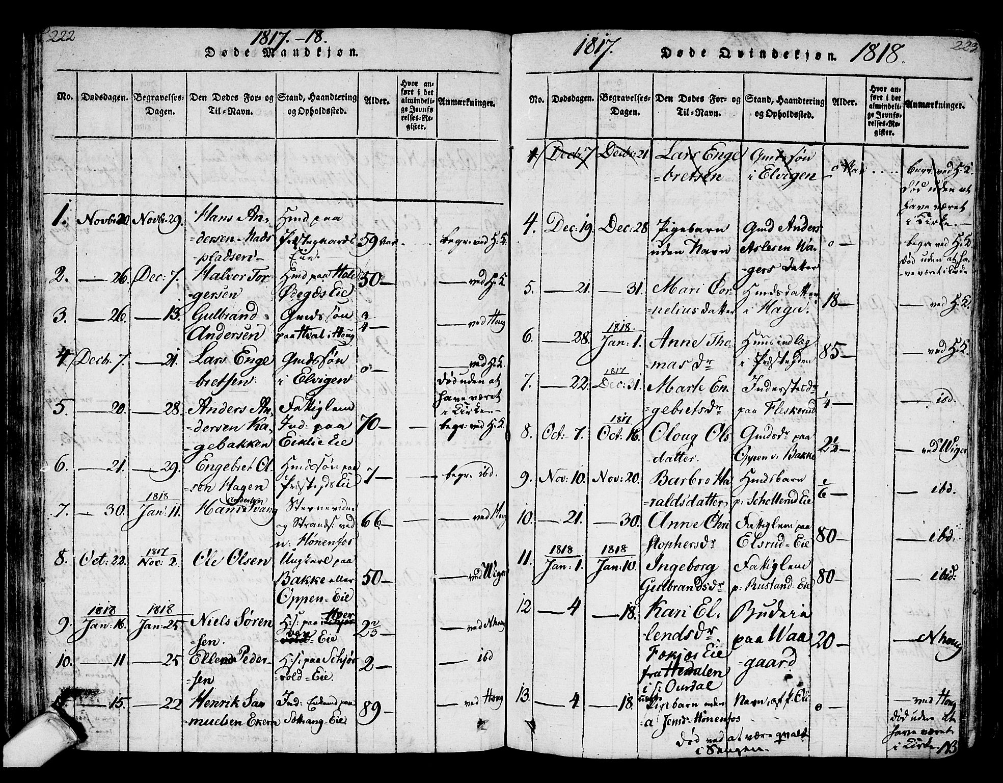 Norderhov kirkebøker, AV/SAKO-A-237/F/Fa/L0008: Parish register (official) no. 8, 1814-1833, p. 222-223