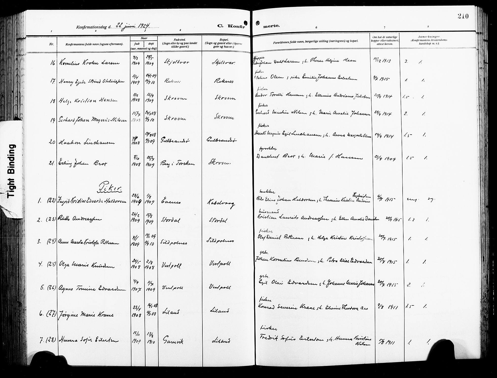 Ministerialprotokoller, klokkerbøker og fødselsregistre - Nordland, AV/SAT-A-1459/874/L1080: Parish register (copy) no. 874C09, 1915-1925, p. 210