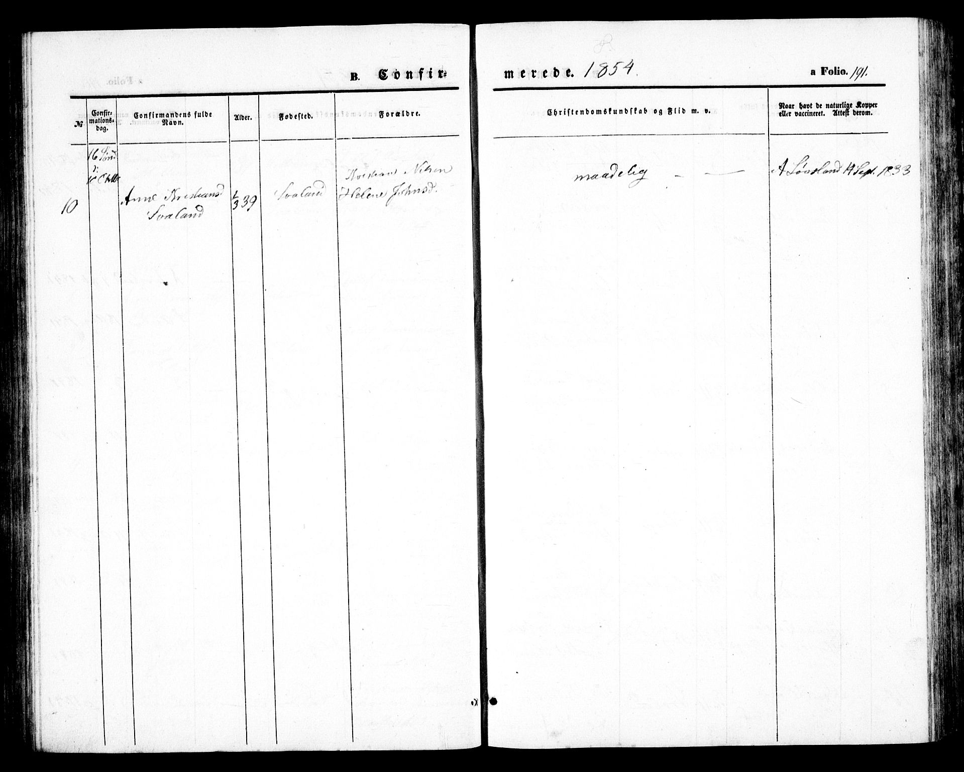 Birkenes sokneprestkontor, SAK/1111-0004/F/Fb/L0002: Parish register (copy) no. B 2, 1849-1876, p. 191