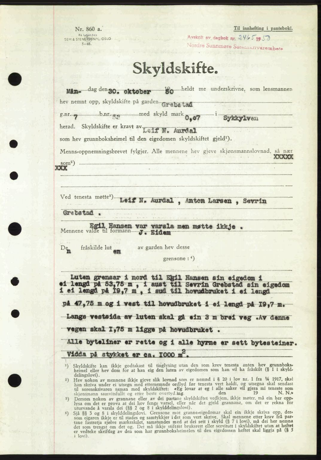 Nordre Sunnmøre sorenskriveri, AV/SAT-A-0006/1/2/2C/2Ca: Mortgage book no. A36, 1950-1950, Diary no: : 2465/1950