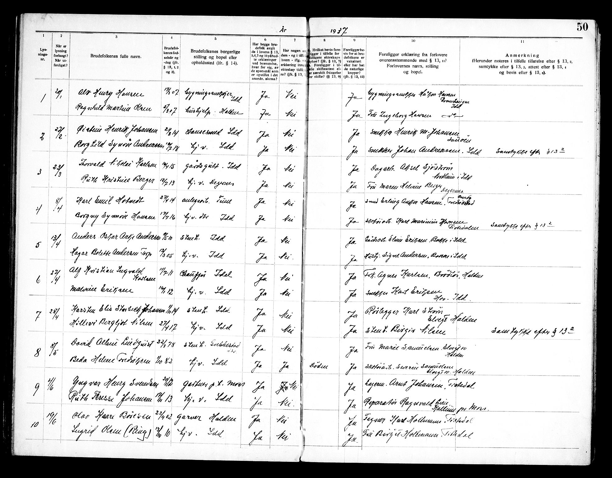 Idd prestekontor Kirkebøker, SAO/A-10911/H/Ha/L0002: Banns register no. I 2, 1919-1958, p. 50