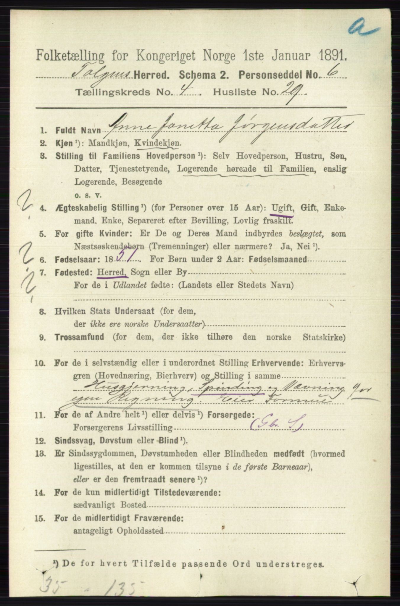 RA, 1891 census for 0436 Tolga, 1891, p. 1045
