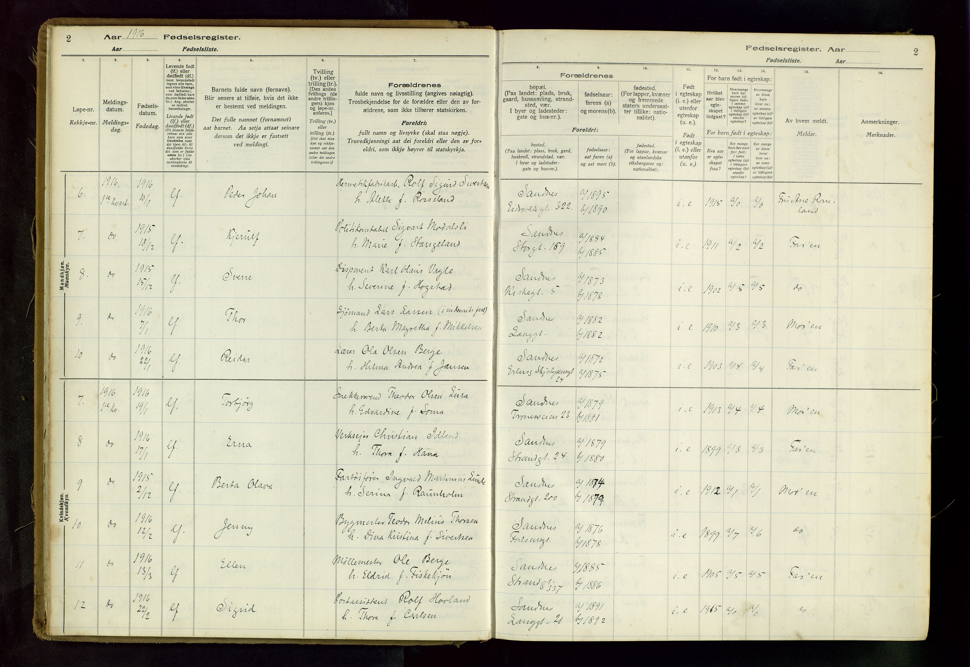 Sandnes sokneprestkontor, AV/SAST-A-101800/704BA/L0001: Birth register no. 1, 1916-1942, p. 2