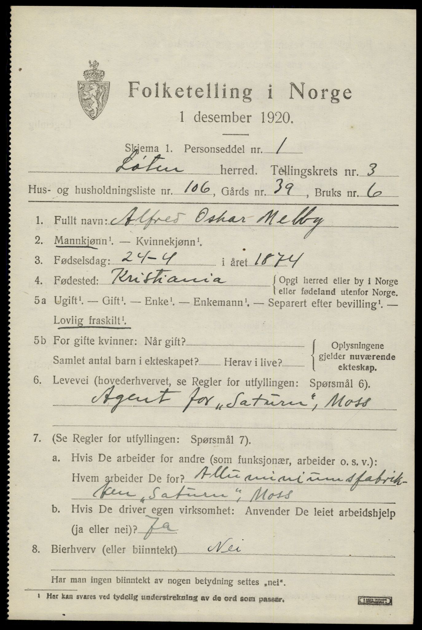 SAH, 1920 census for Løten, 1920, p. 8443