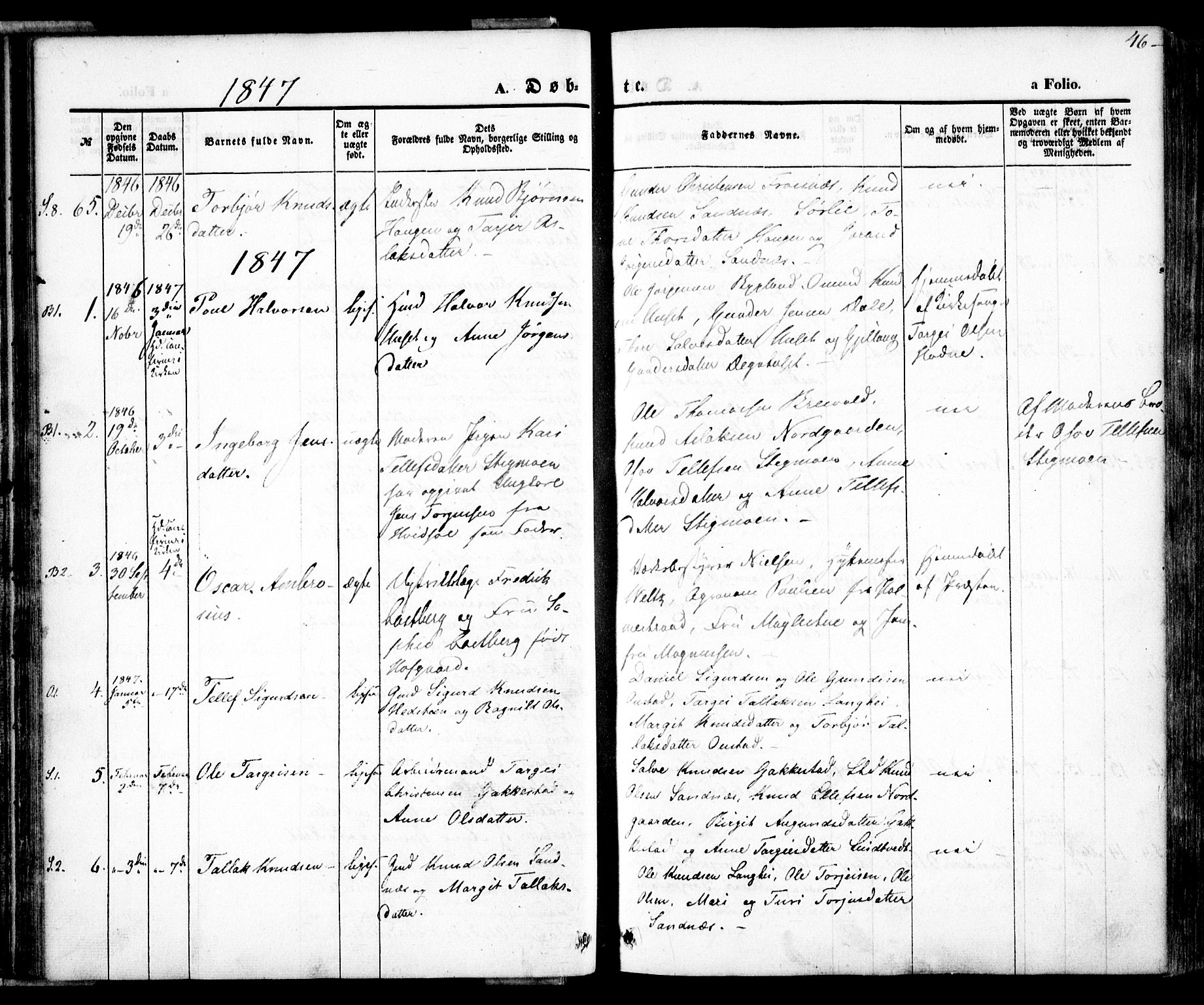 Bygland sokneprestkontor, SAK/1111-0006/F/Fa/Fab/L0004: Parish register (official) no. A 4, 1842-1858, p. 46