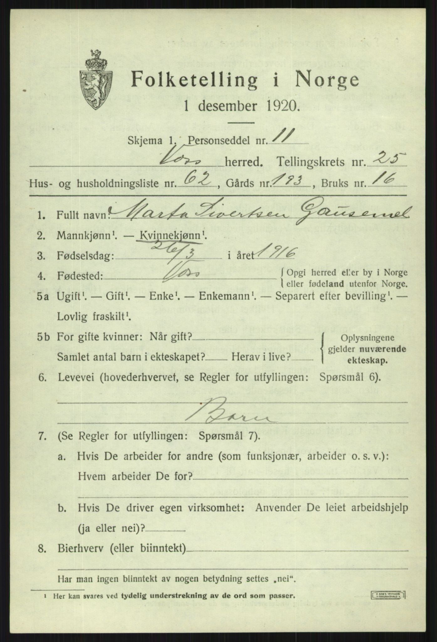 SAB, 1920 census for Voss, 1920, p. 17683