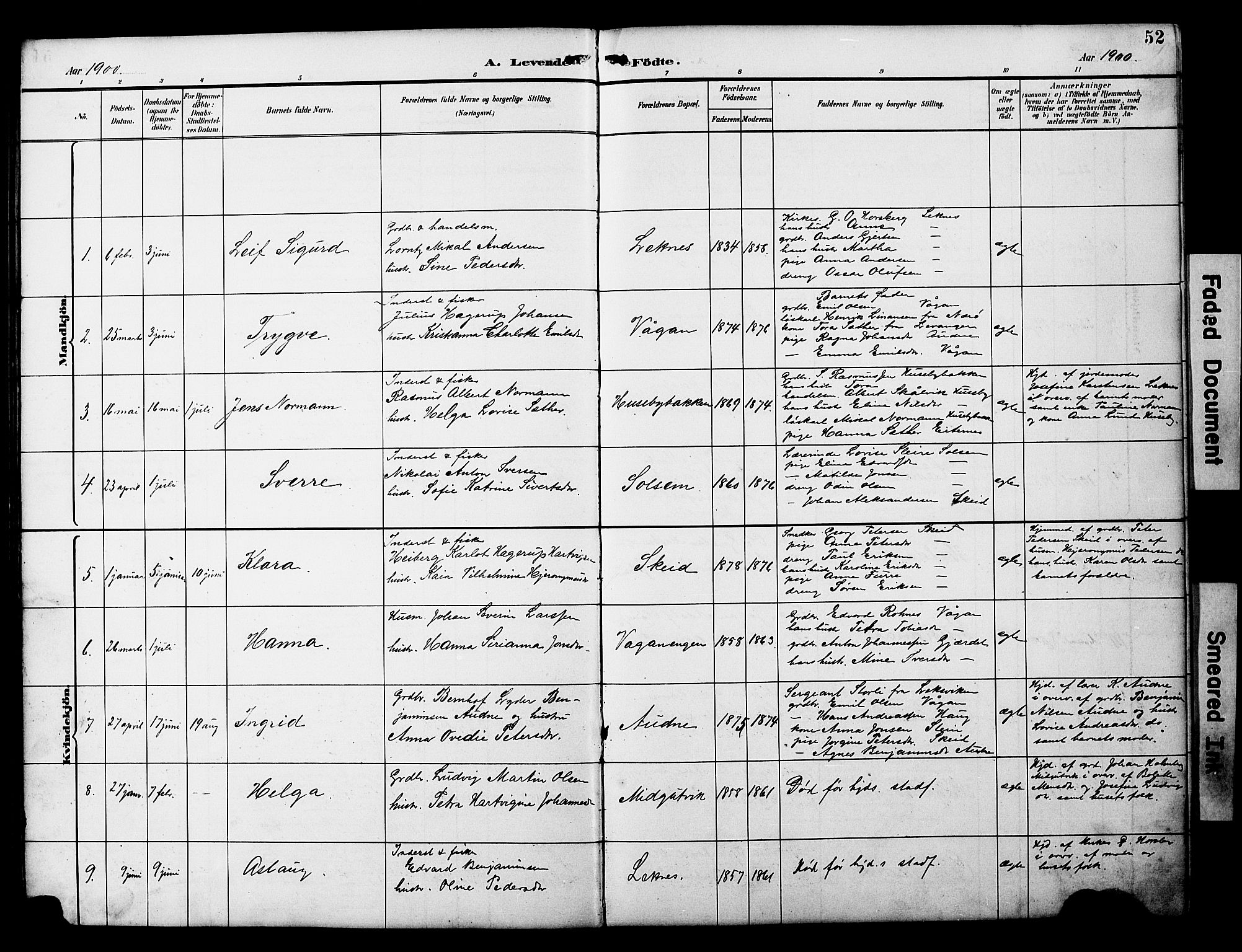 Ministerialprotokoller, klokkerbøker og fødselsregistre - Nord-Trøndelag, SAT/A-1458/788/L0701: Parish register (copy) no. 788C01, 1888-1913, p. 52