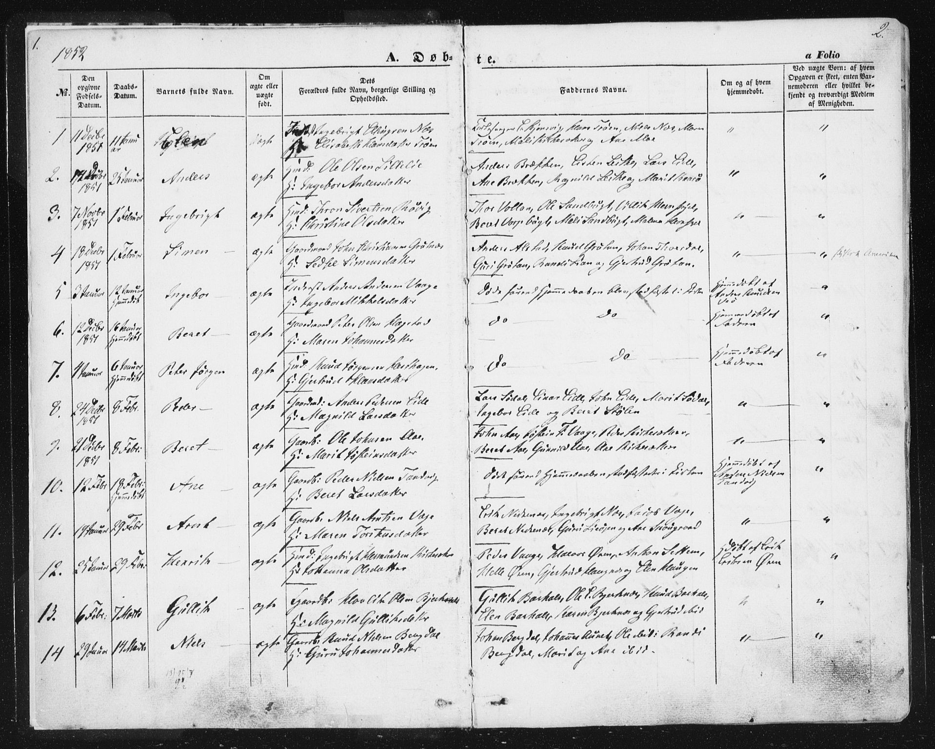 Ministerialprotokoller, klokkerbøker og fødselsregistre - Sør-Trøndelag, AV/SAT-A-1456/630/L0494: Parish register (official) no. 630A07, 1852-1868, p. 1-2