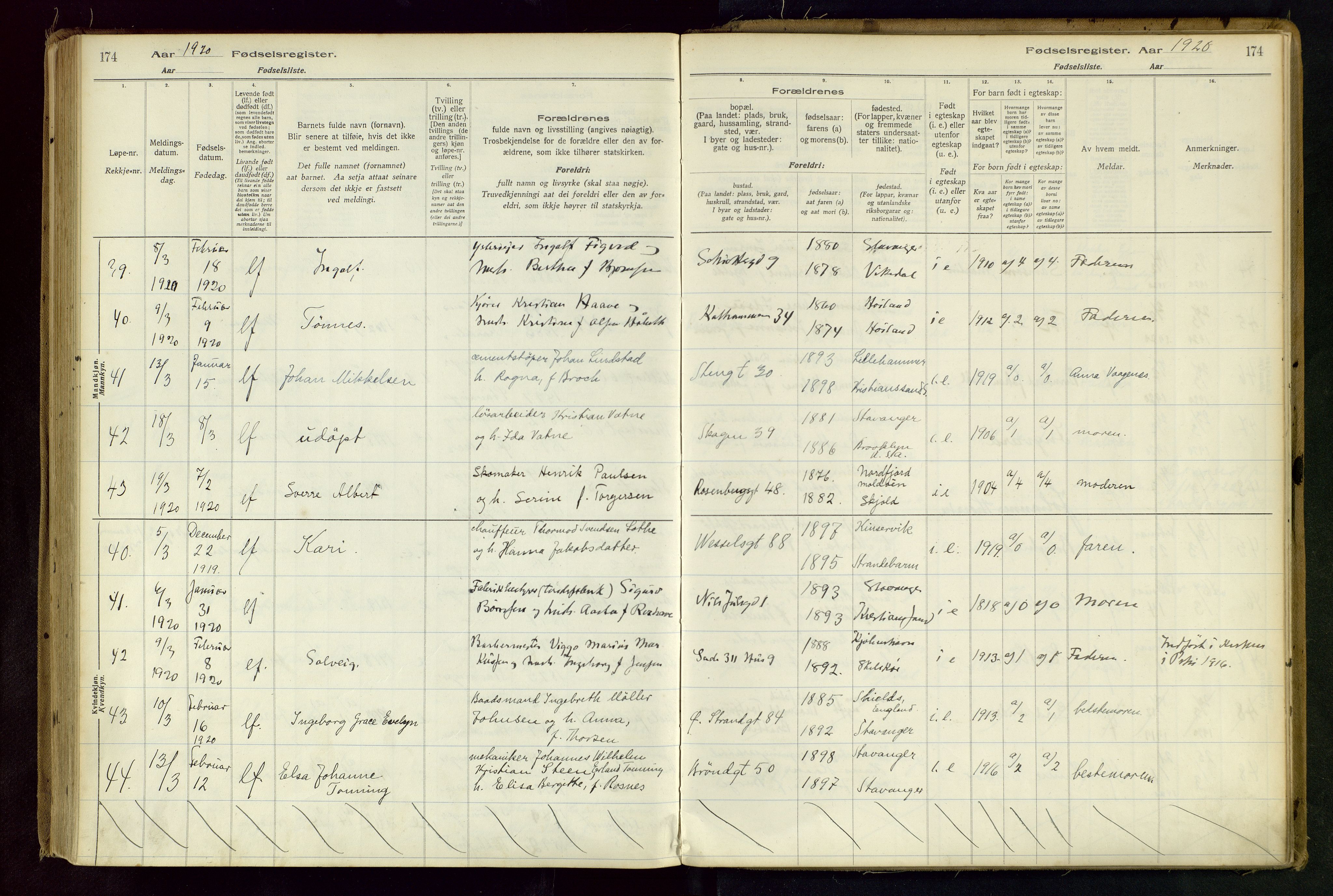 Domkirken sokneprestkontor, AV/SAST-A-101812/002/B/L0001: Birth register no. 1, 1916-1920, p. 174