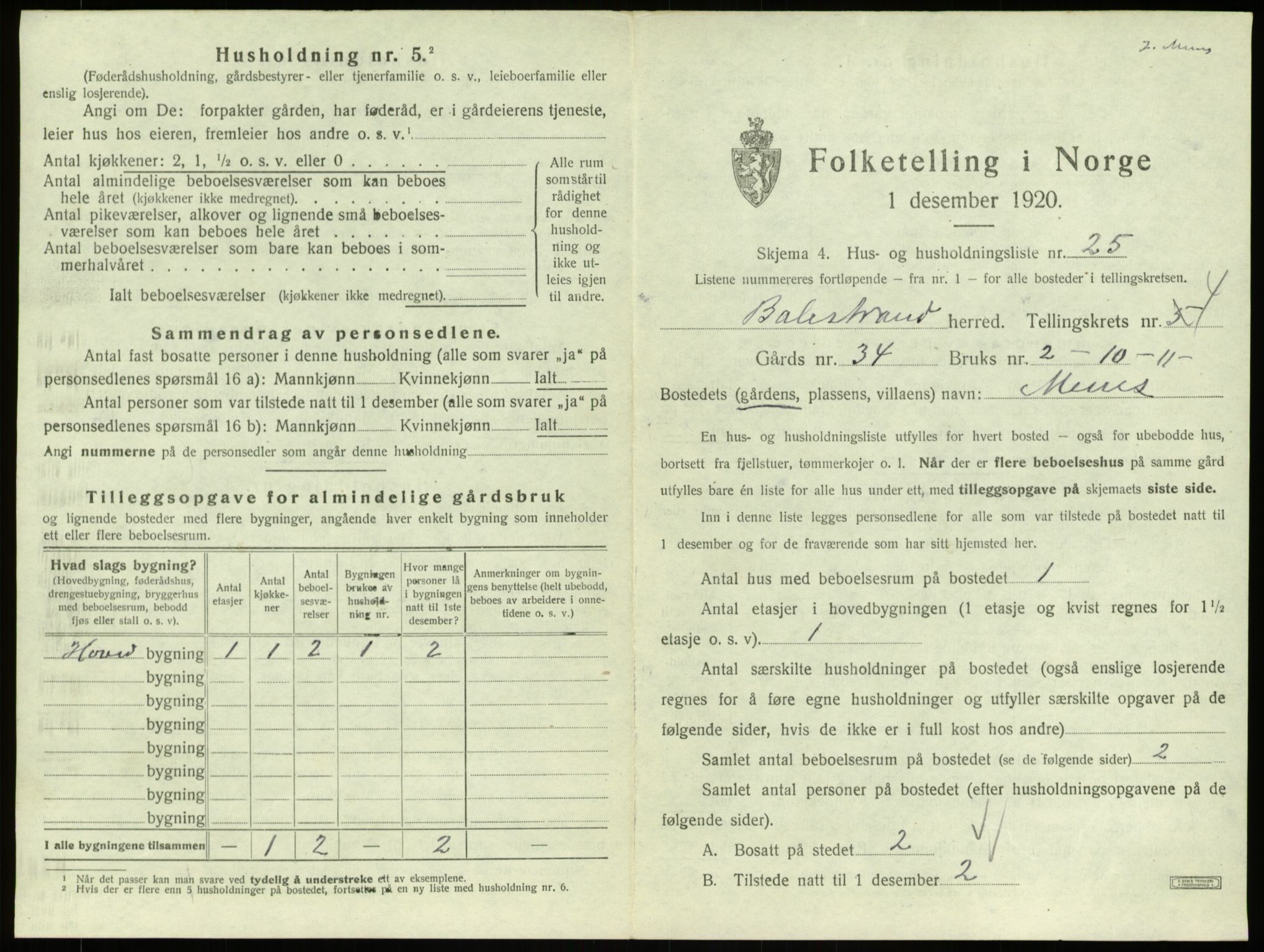 SAB, 1920 census for Balestrand, 1920, p. 330