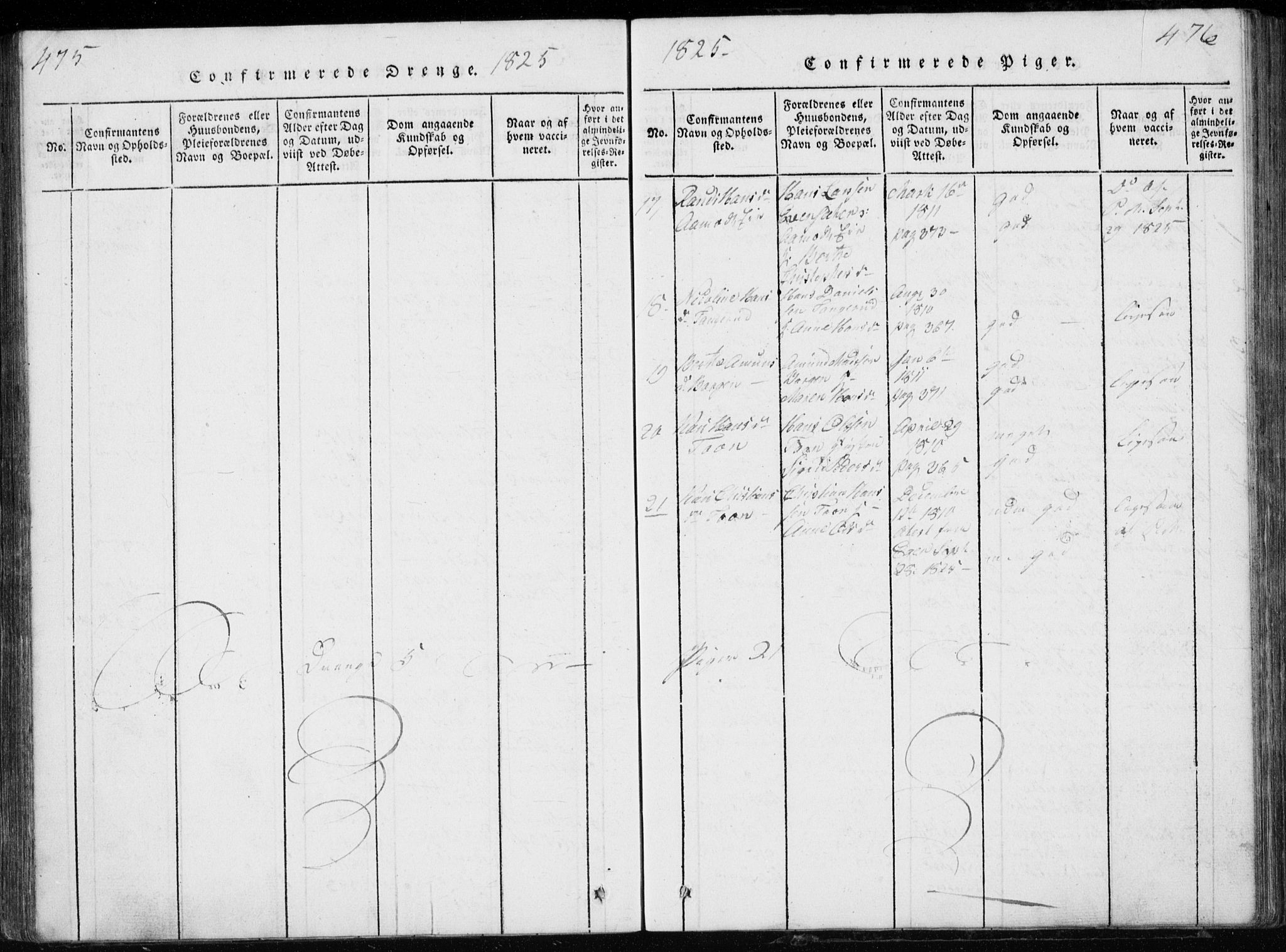 Modum kirkebøker, AV/SAKO-A-234/G/Ga/L0002: Parish register (copy) no. I 2, 1824-1832, p. 475-476