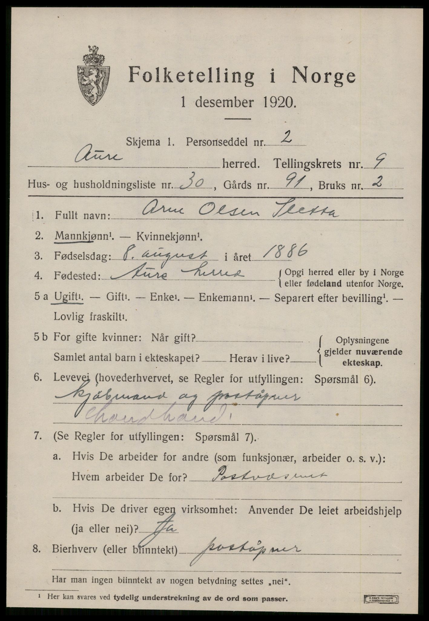 SAT, 1920 census for Aure, 1920, p. 3864