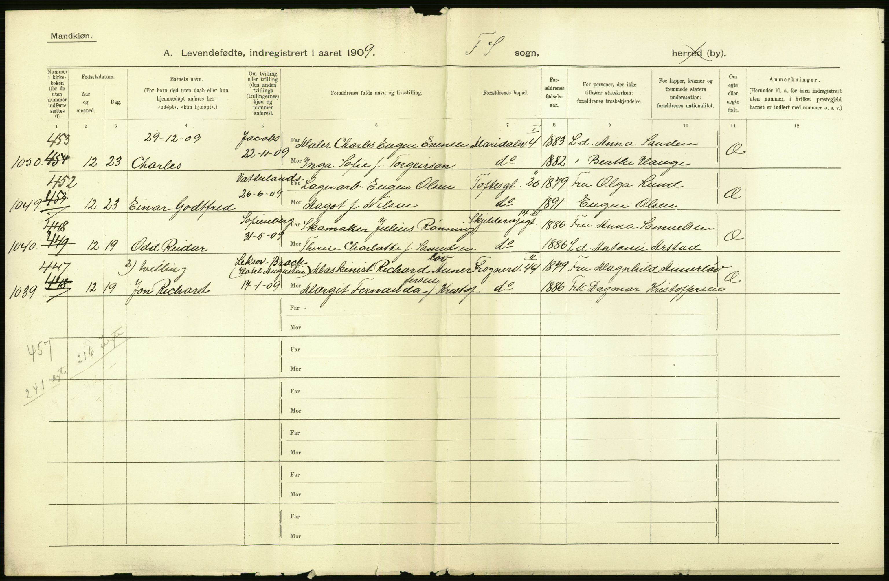 Statistisk sentralbyrå, Sosiodemografiske emner, Befolkning, AV/RA-S-2228/D/Df/Dfa/Dfag/L0006: Kristiania: Levendefødte menn og kvinner., 1909, p. 2