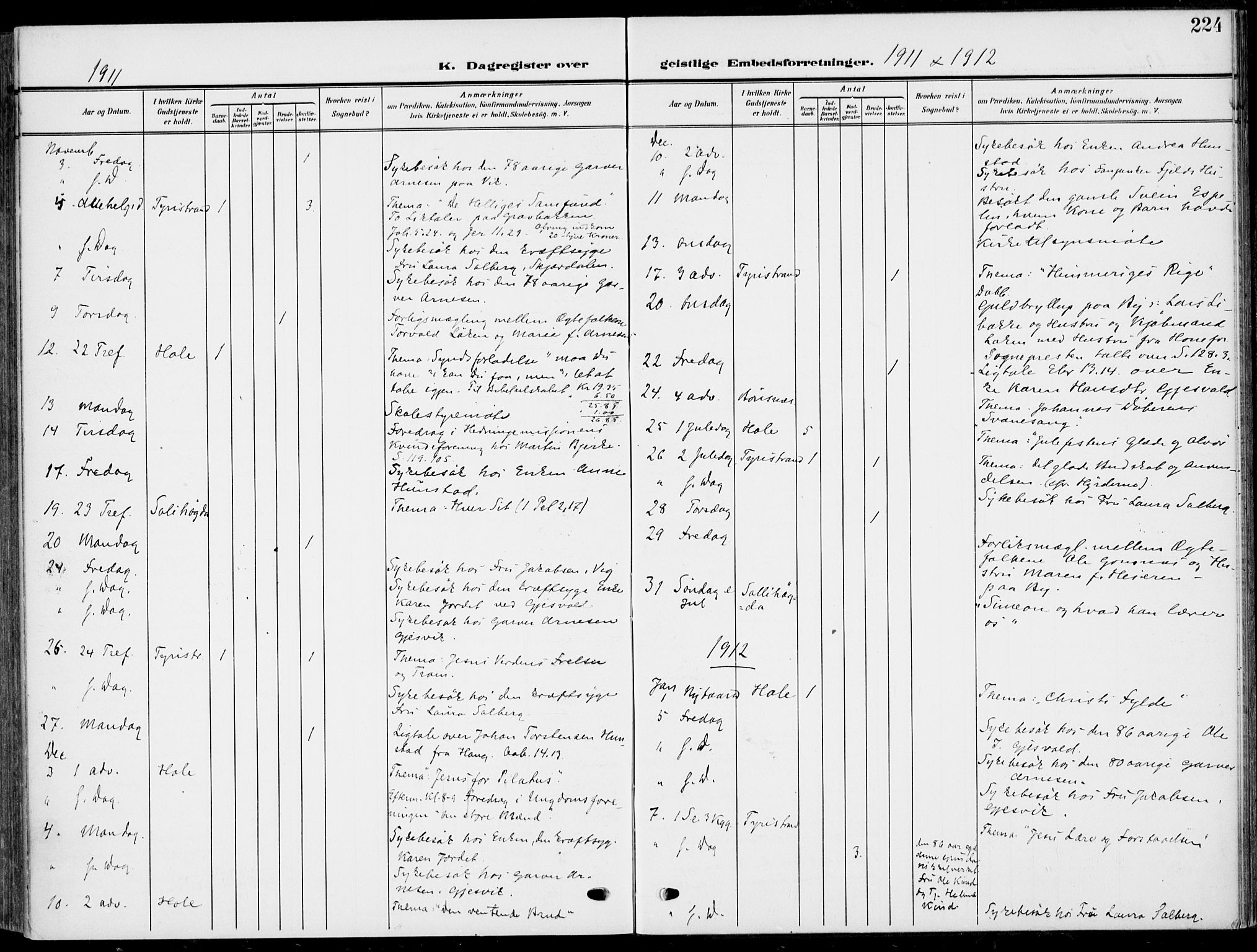 Hole kirkebøker, AV/SAKO-A-228/F/Fa/L0010: Parish register (official) no. I 10, 1907-1917, p. 224