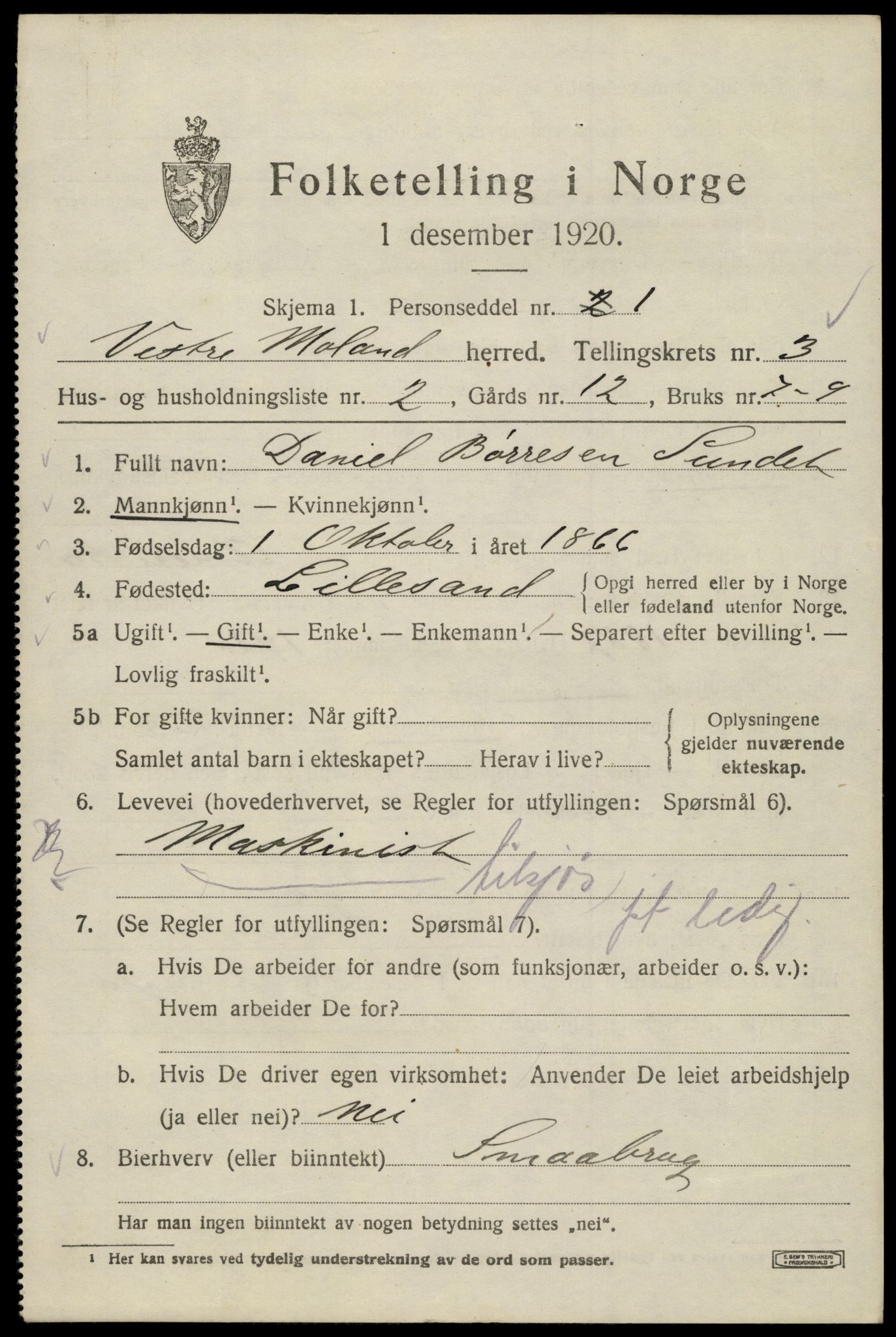 SAK, 1920 census for Vestre Moland, 1920, p. 3345