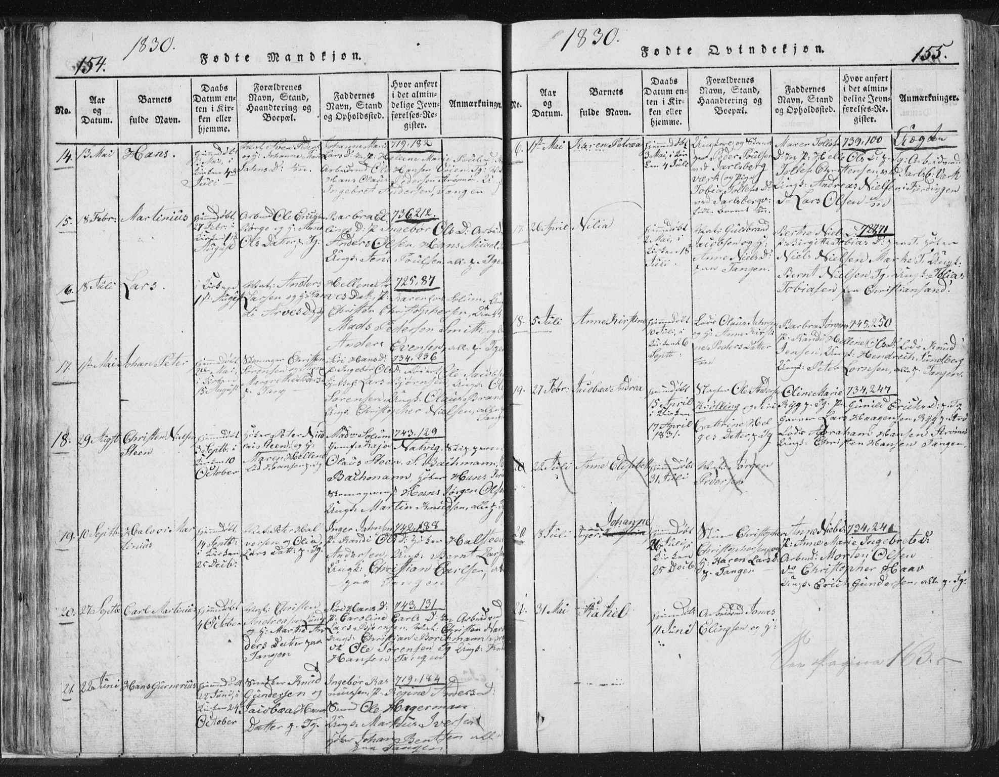 Strømsø kirkebøker, AV/SAKO-A-246/F/Fb/L0004: Parish register (official) no. II 4, 1814-1843, p. 154-155