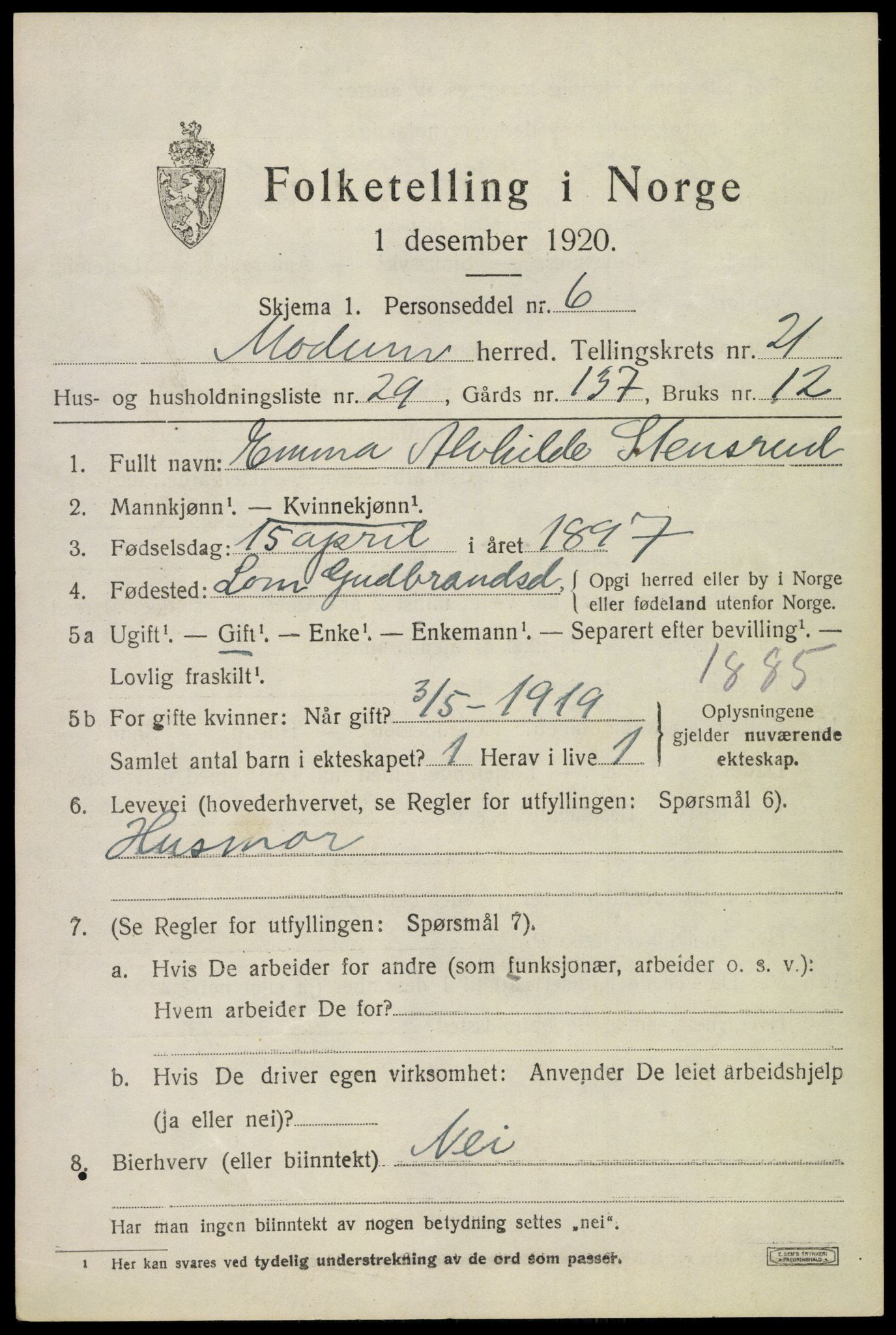 SAKO, 1920 census for Modum, 1920, p. 22965