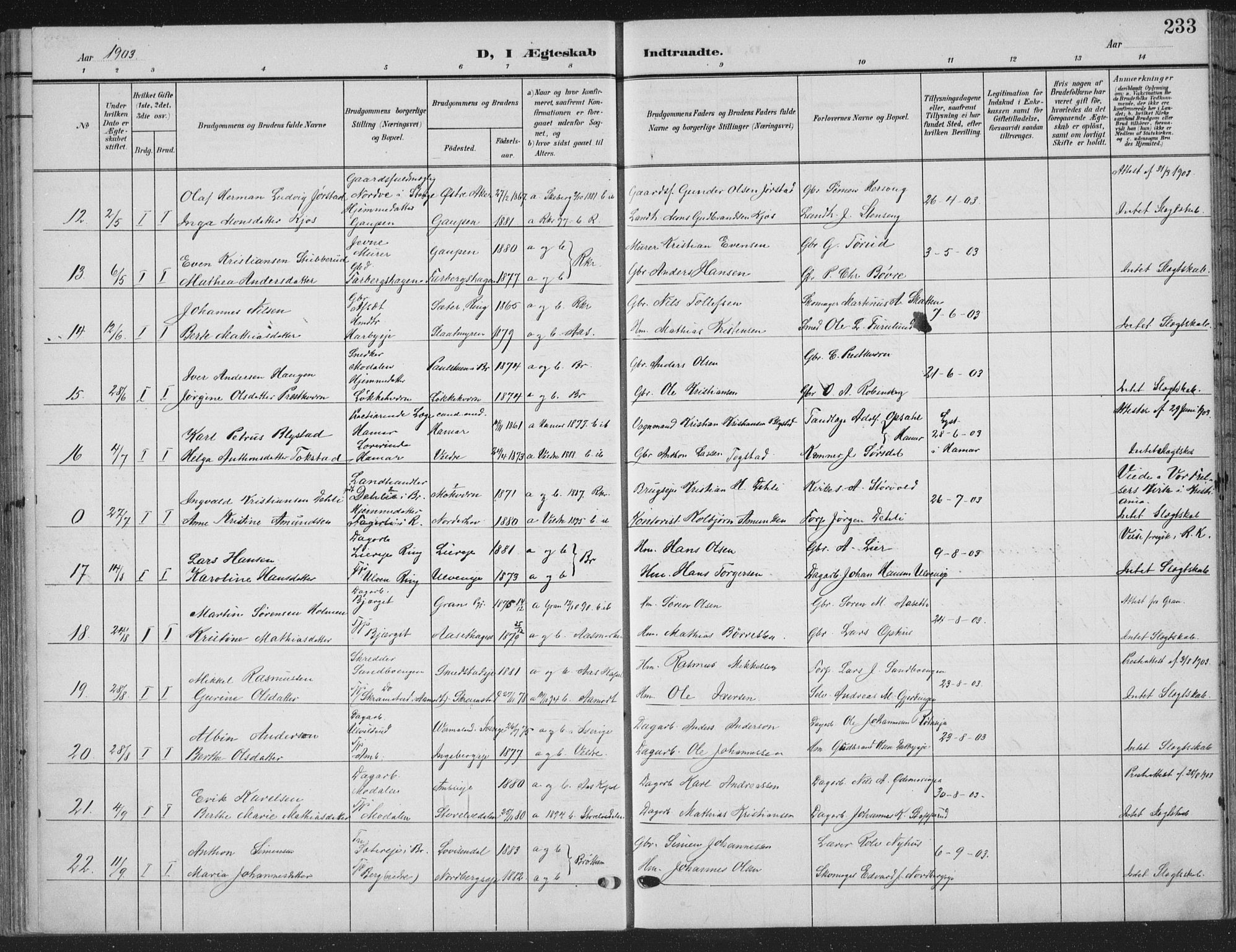 Ringsaker prestekontor, AV/SAH-PREST-014/K/Ka/L0018: Parish register (official) no. 18, 1903-1912, p. 233