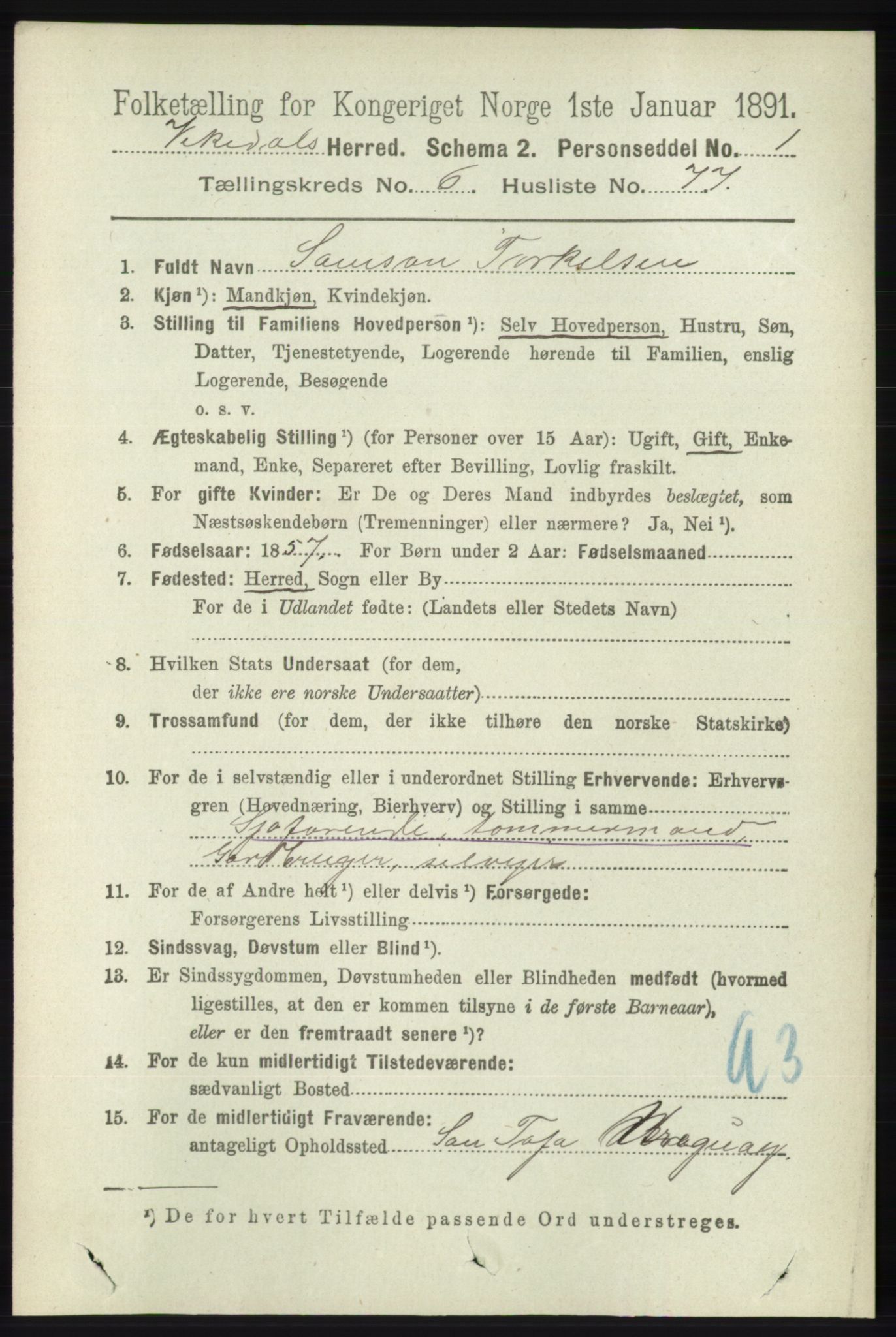 RA, 1891 census for 1157 Vikedal, 1891, p. 1983