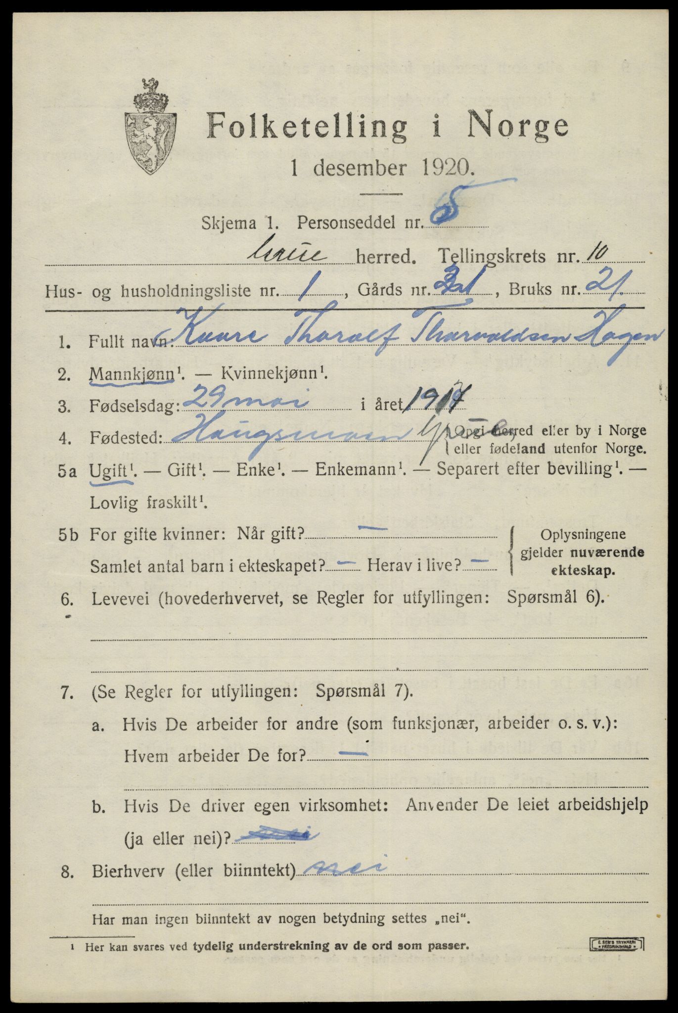 SAH, 1920 census for Grue, 1920, p. 8301
