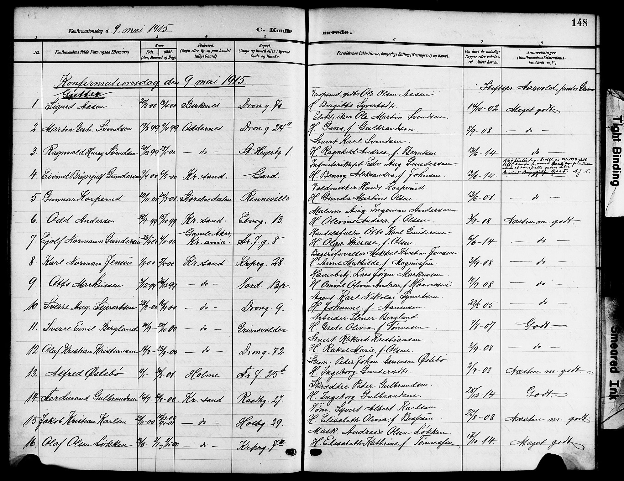 Kristiansand domprosti, SAK/1112-0006/F/Fb/L0020: Parish register (copy) no. B 20, 1906-1915, p. 148