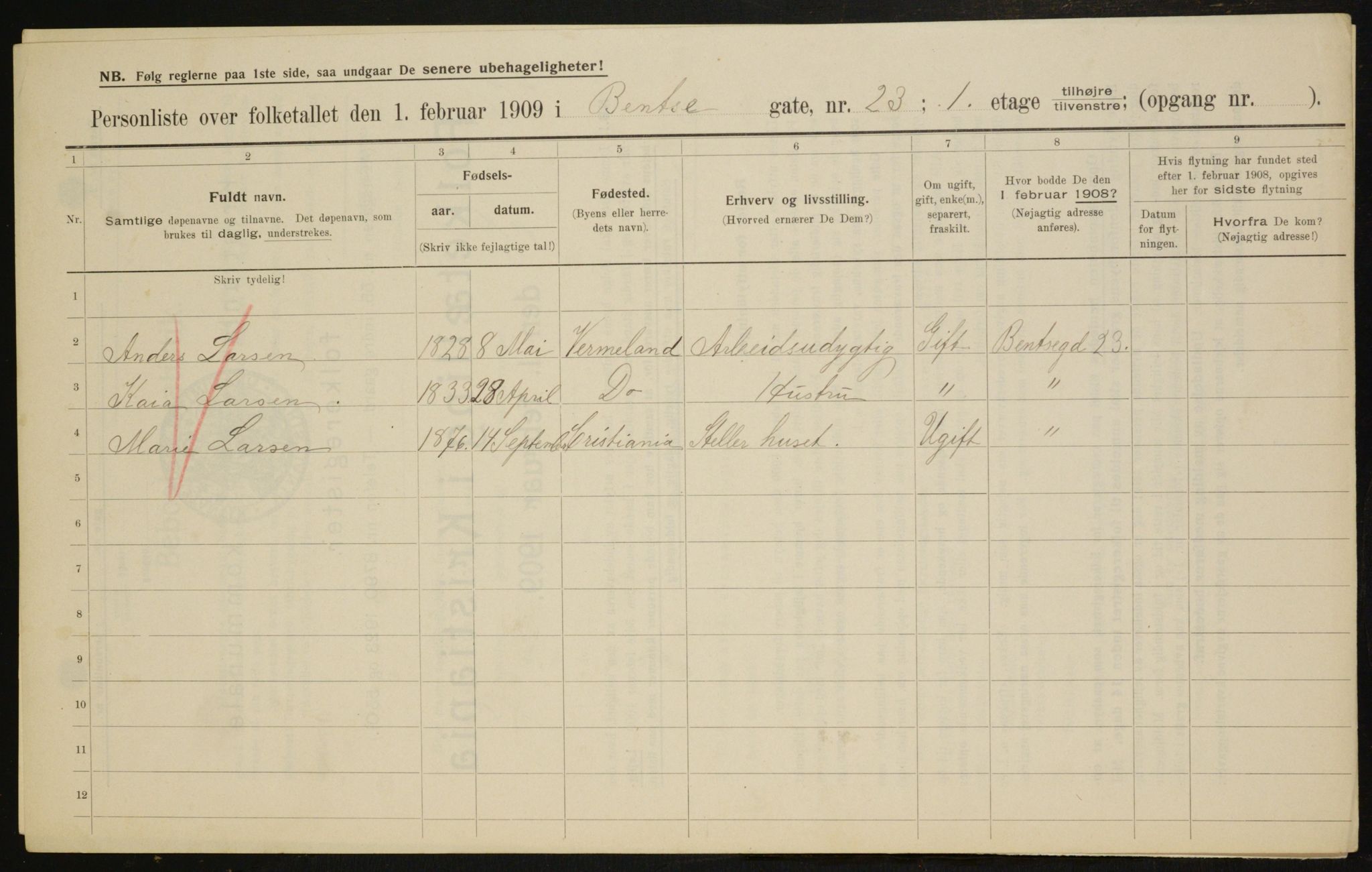 OBA, Municipal Census 1909 for Kristiania, 1909, p. 3425