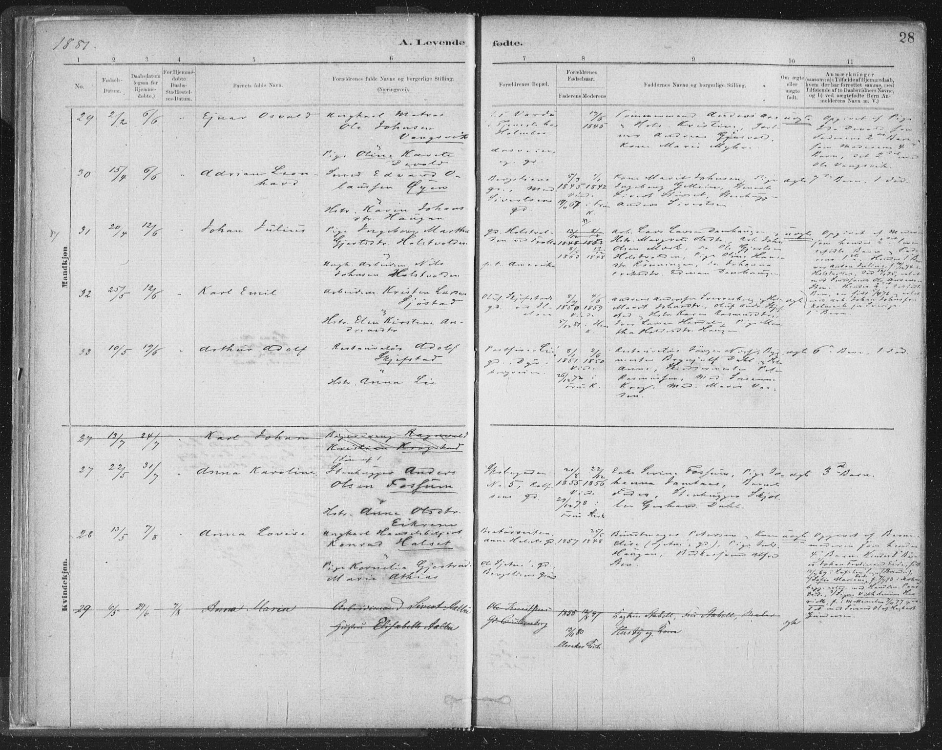 Ministerialprotokoller, klokkerbøker og fødselsregistre - Sør-Trøndelag, AV/SAT-A-1456/603/L0162: Parish register (official) no. 603A01, 1879-1895, p. 28