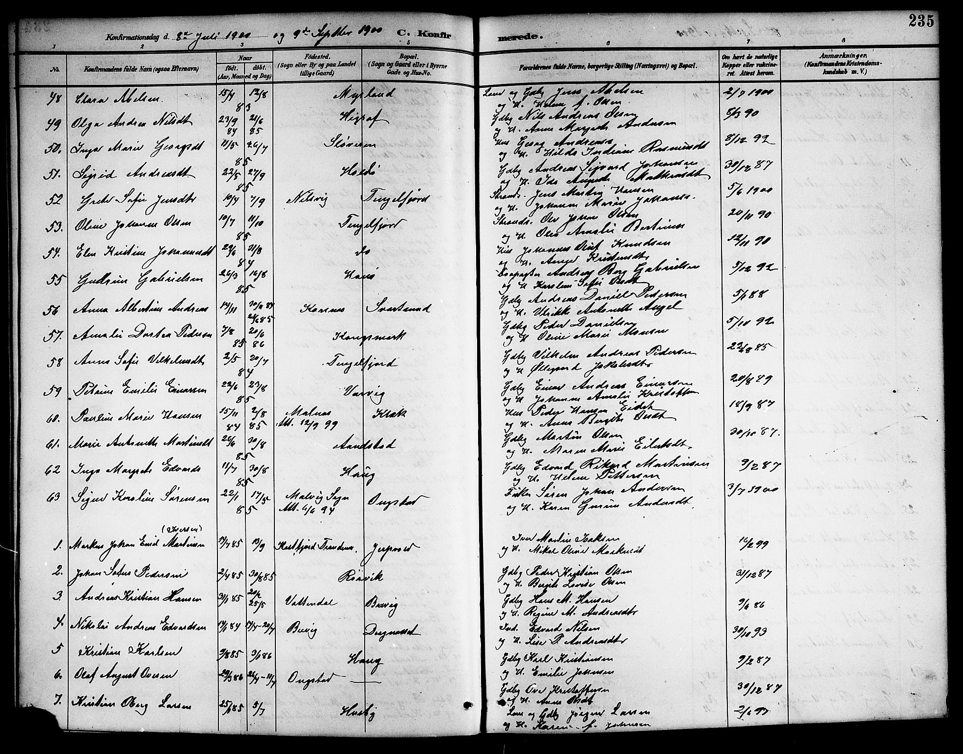 Ministerialprotokoller, klokkerbøker og fødselsregistre - Nordland, AV/SAT-A-1459/888/L1268: Parish register (copy) no. 888C06, 1891-1908, p. 235