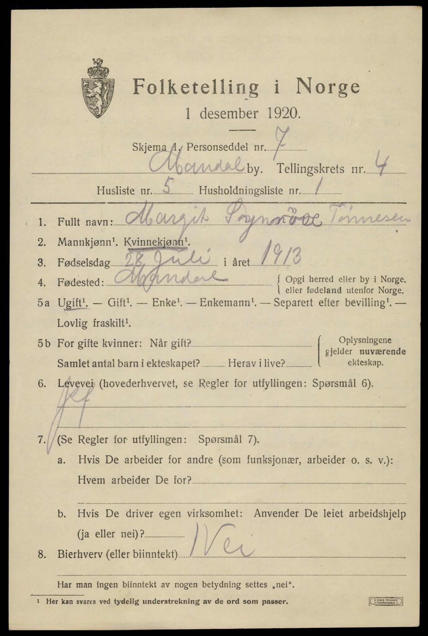 SAK, 1920 census for Mandal, 1920, p. 7081