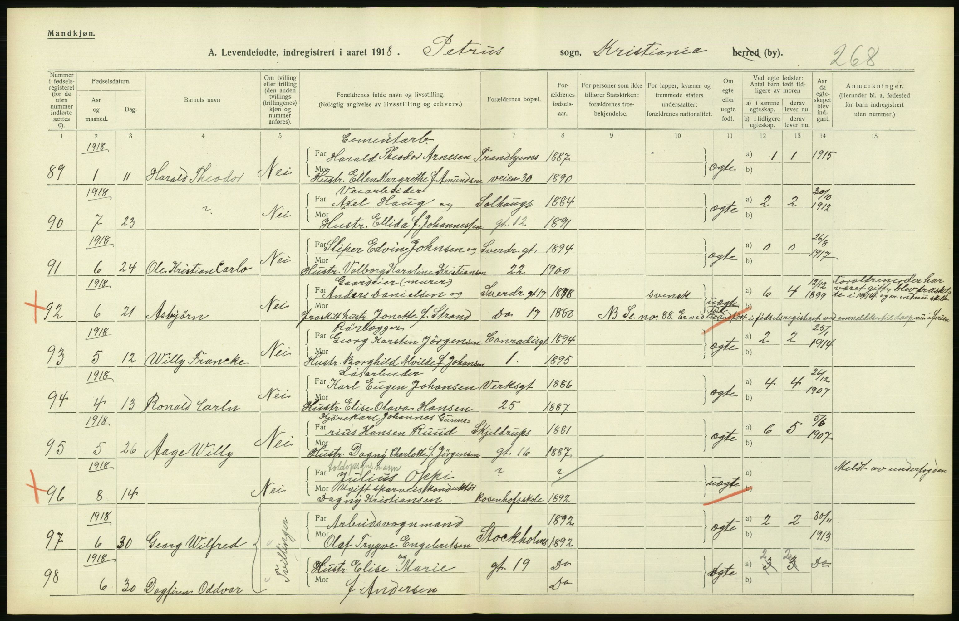 Statistisk sentralbyrå, Sosiodemografiske emner, Befolkning, AV/RA-S-2228/D/Df/Dfb/Dfbh/L0008: Kristiania: Levendefødte menn og kvinner., 1918, p. 606