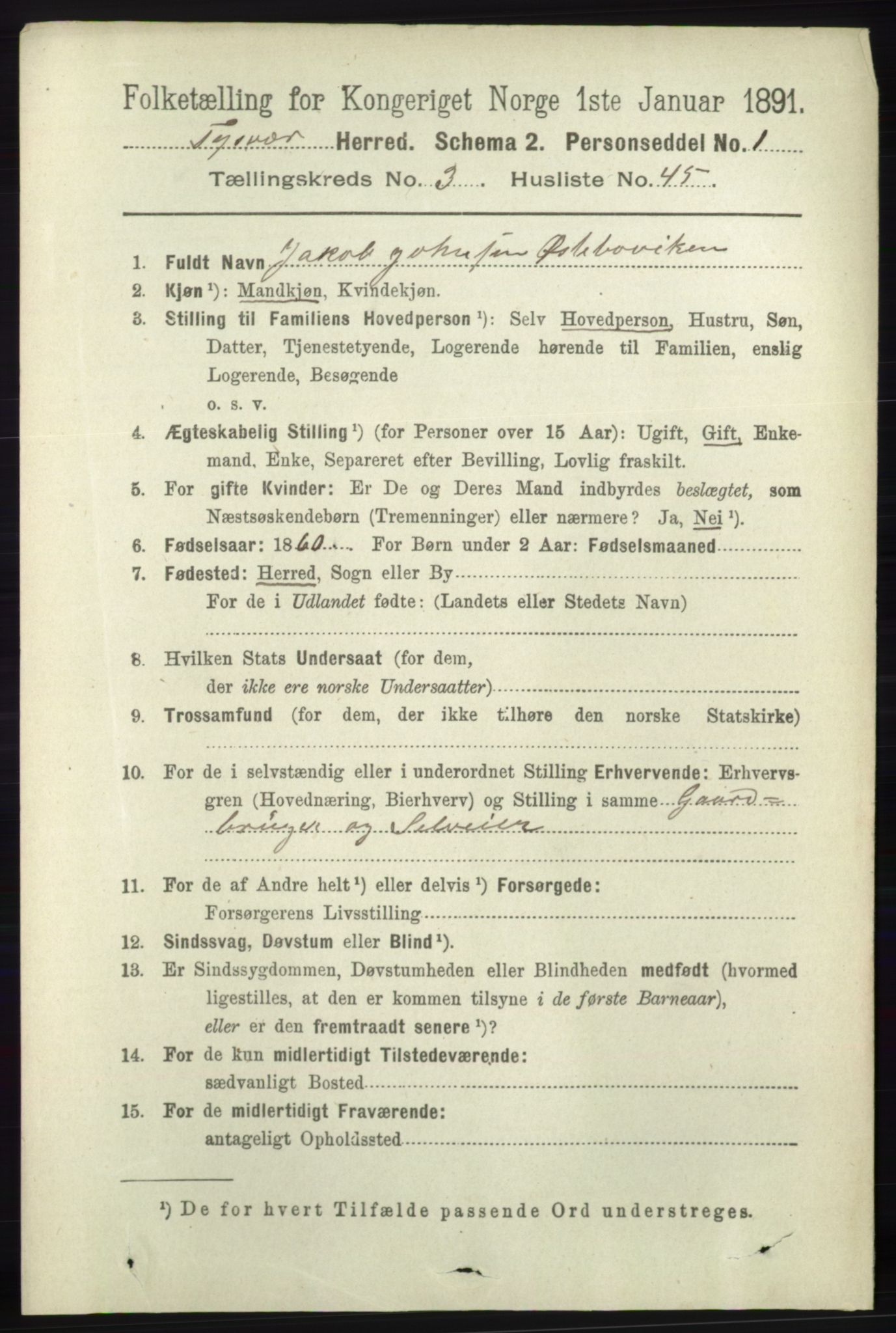 RA, 1891 census for 1146 Tysvær, 1891, p. 1447