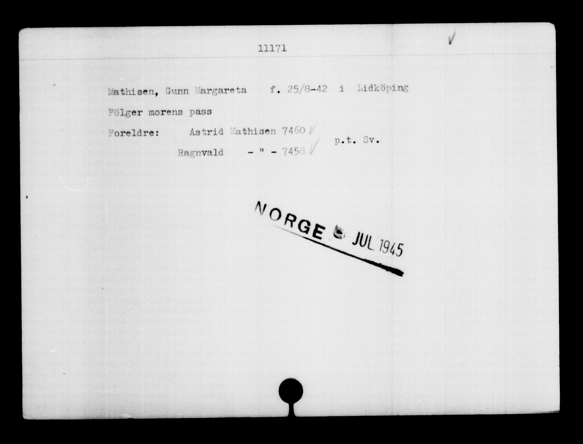 Den Kgl. Norske Legasjons Flyktningskontor, RA/S-6753/V/Va/L0006: Kjesäterkartoteket.  Flyktningenr. 9400-12711, 1940-1945, p. 2008