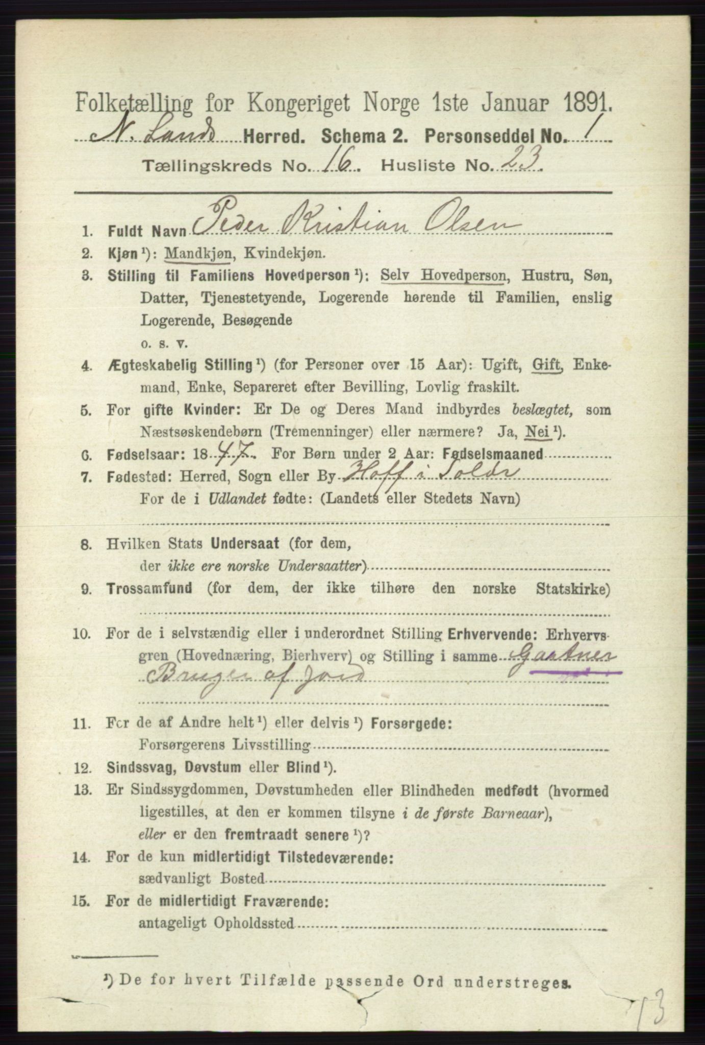 RA, 1891 census for 0538 Nordre Land, 1891, p. 4266