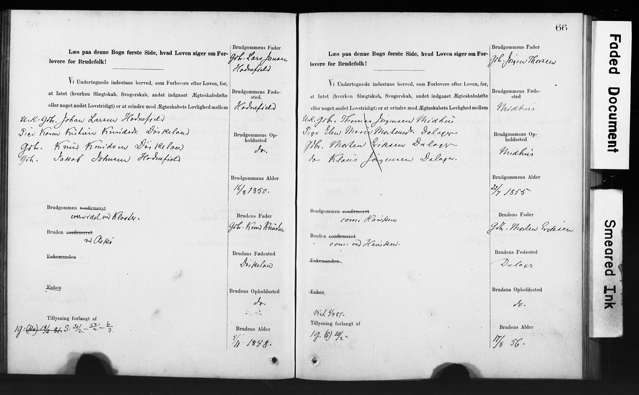 Rennesøy sokneprestkontor, AV/SAST-A -101827/I/Ie/L0001: Banns register no. 1, 1873-1898, p. 66