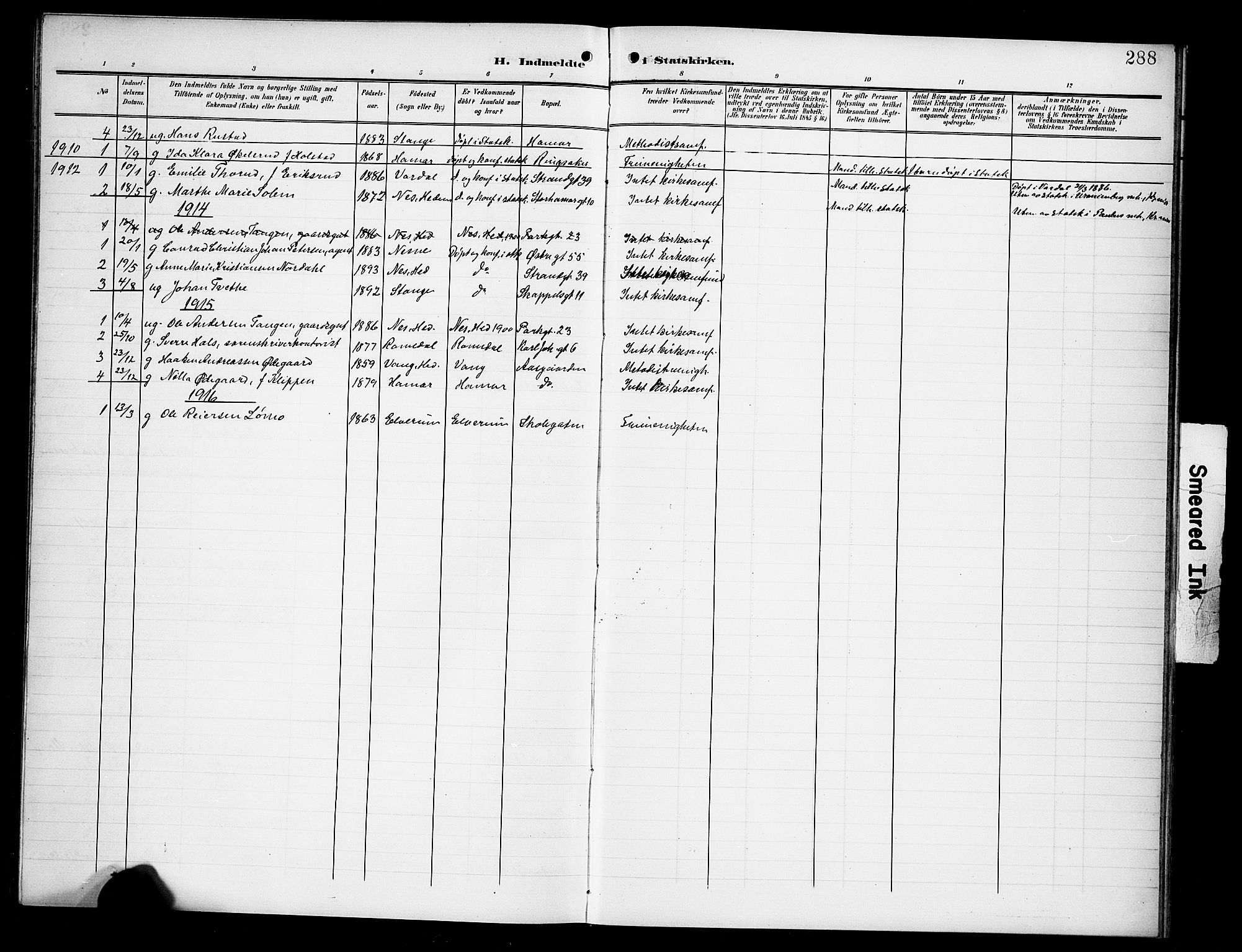 Hamar prestekontor, SAH/DOMPH-002/H/Ha/Hab/L0002: Parish register (copy) no. 2, 1899-1929, p. 288
