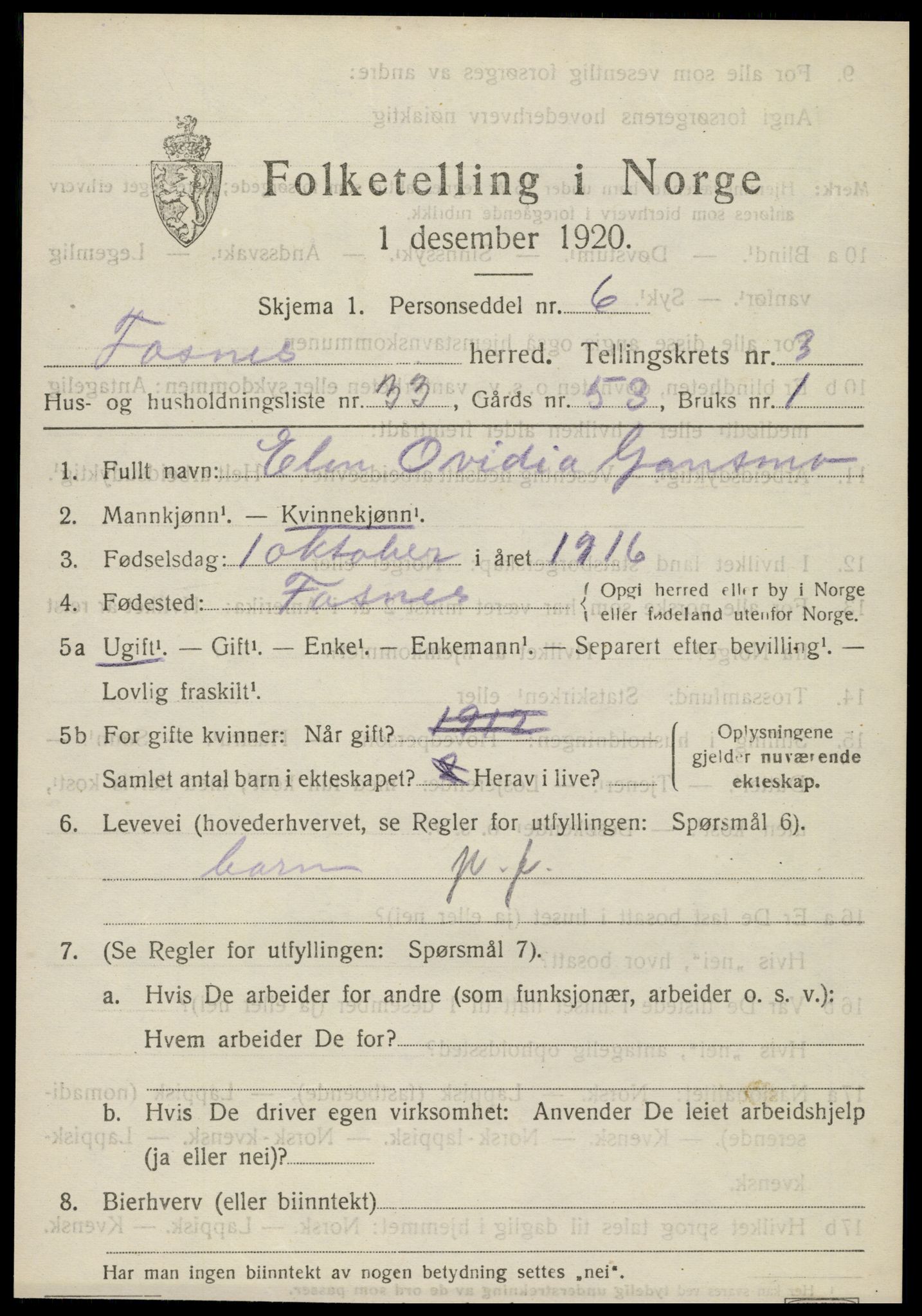 SAT, 1920 census for Fosnes, 1920, p. 1899