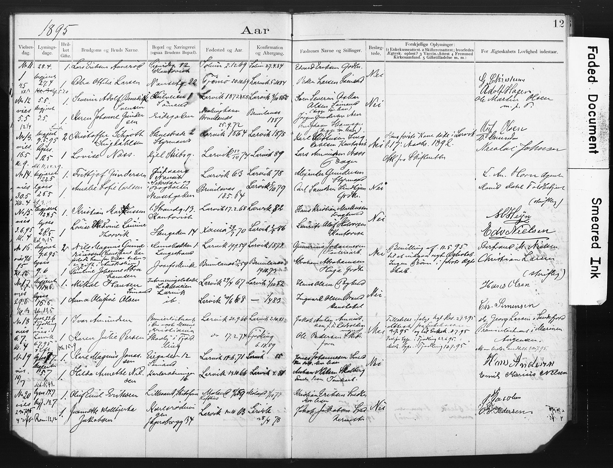 Larvik kirkebøker, AV/SAKO-A-352/H/Ha/L0002: Banns register no. 2, 1892-1907, p. 12