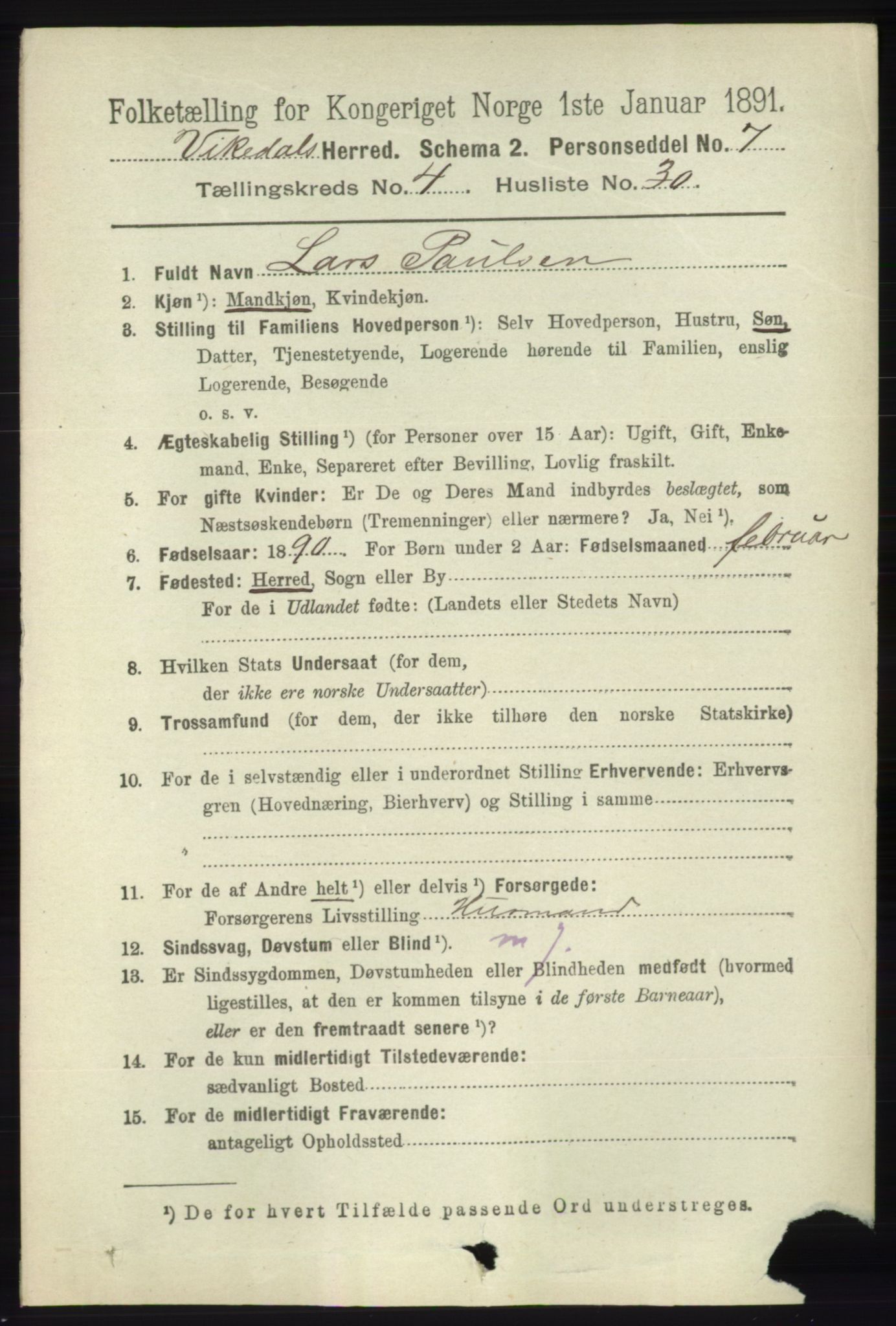 RA, 1891 census for 1157 Vikedal, 1891, p. 1081