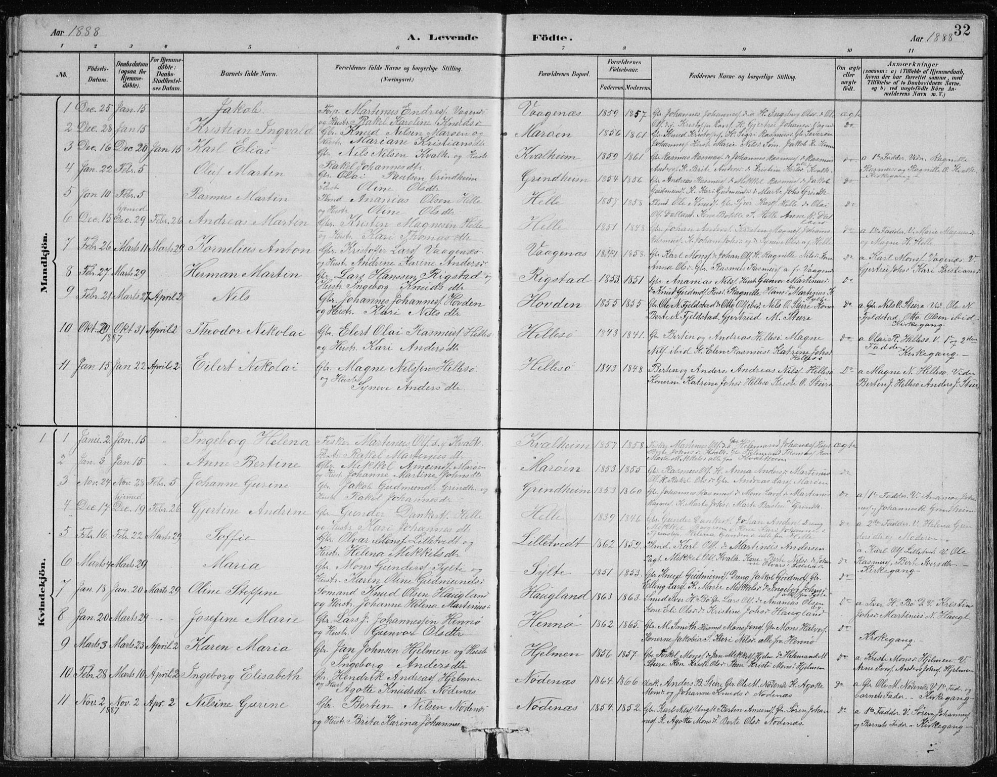 Manger sokneprestembete, SAB/A-76801/H/Hab: Parish register (copy) no. B 2, 1882-1890, p. 32