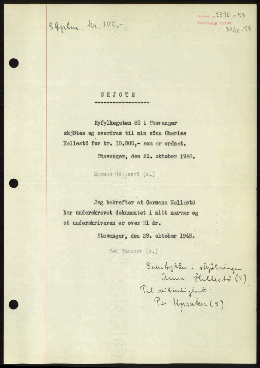 Stavanger byrett, SAST/A-100455/002/G/Gb/L0023: Mortgage book no. A12, 1948-1949, Diary no: : 2590/1948
