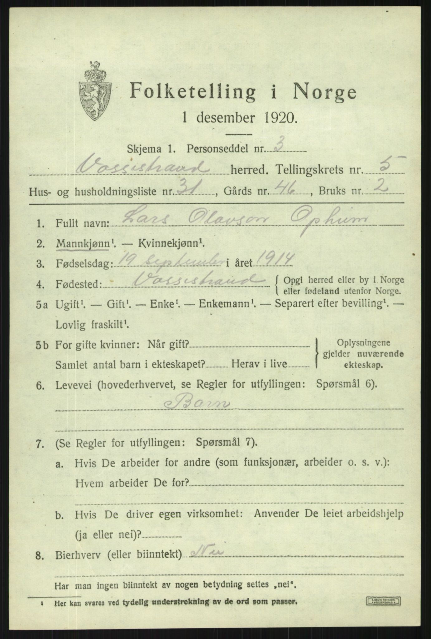 SAB, 1920 census for Vossestrand, 1920, p. 2754