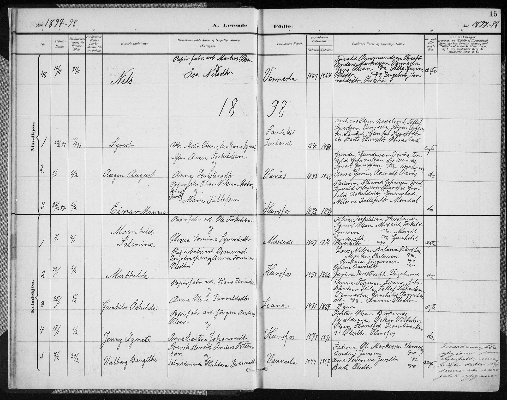 Vennesla sokneprestkontor, AV/SAK-1111-0045/Fa/Fab/L0005: Parish register (official) no. A 5, 1897-1909, p. 15