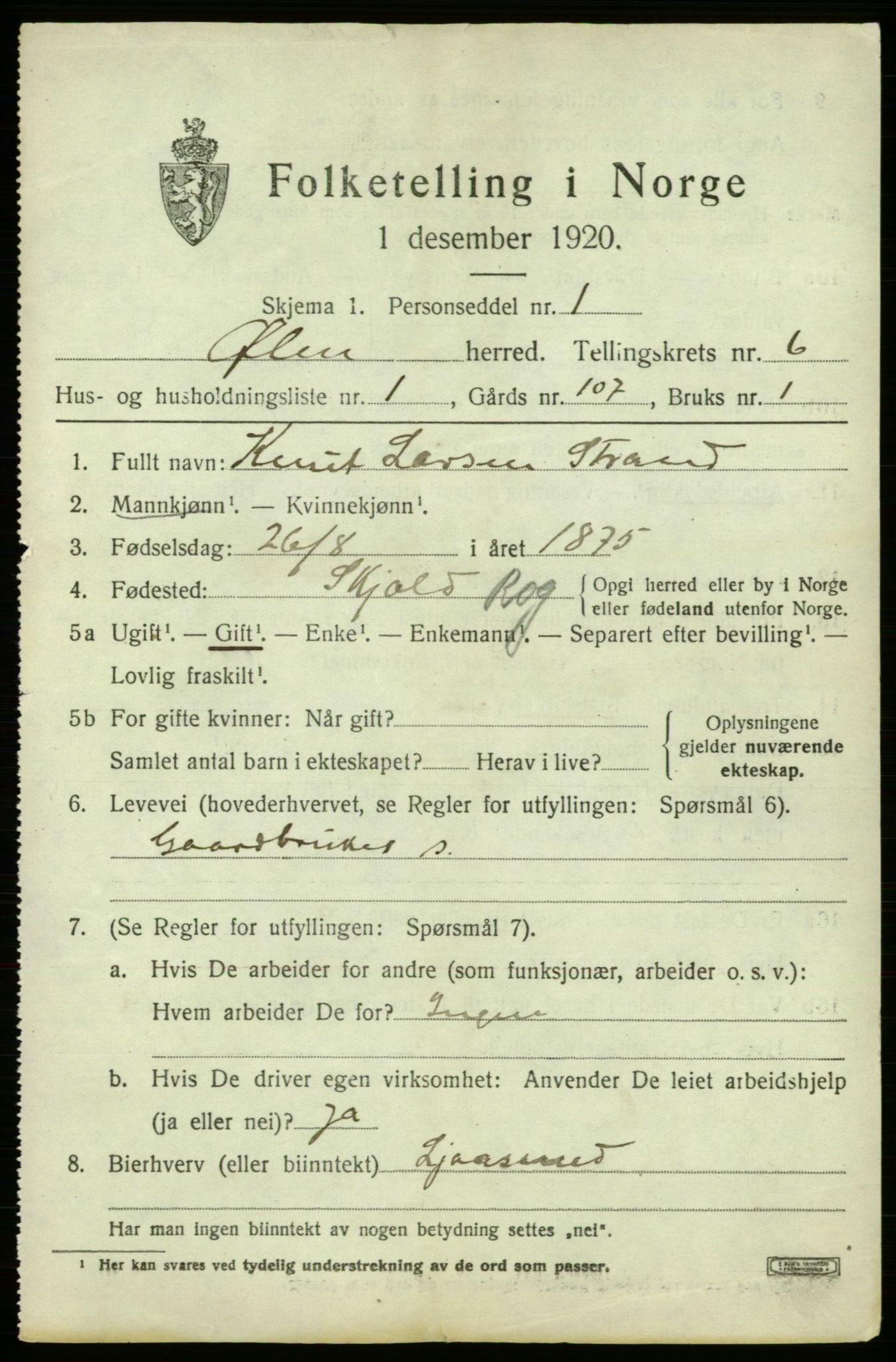 SAB, 1920 census for Ølen, 1920, p. 2767